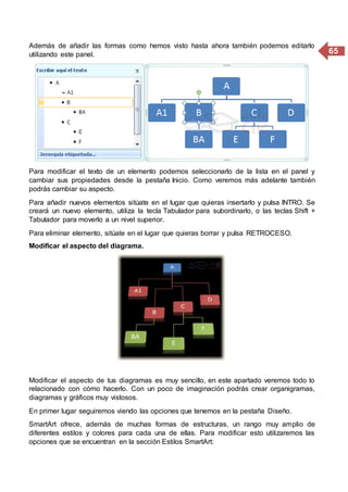 65
Además de añadir las formas como hemos visto hasta ahora también podemos editarlo
utilizando este panel.
Para modificar el texto de un elemento podemos seleccionarlo de la lista en el panel y
cambiar sus propiedades desde la pestaña Inicio. Como veremos más adelante también
podrás cambiar su aspecto.
Para añadir nuevos elementos sitúate en el lugar que quieras insertarlo y pulsa INTRO. Se
creará un nuevo elemento, utiliza la tecla Tabulador para subordinarlo, o las teclas Shift +
Tabulador para moverlo a un nivel superior.
Para eliminar elemento, sitúate en el lugar que quieras borrar y pulsa RETROCESO.
Modificar el aspecto del diagrama.
Modificar el aspecto de tus diagramas es muy sencillo, en este apartado veremos todo lo
relacionado con cómo hacerlo. Con un poco de imaginación podrás crear organigramas,
diagramas y gráficos muy vistosos.
En primer lugar seguiremos viendo las opciones que tenemos en la pestaña Diseño.
SmartArt ofrece, además de muchas formas de estructuras, un rango muy amplio de
diferentes estilos y colores para cada una de ellas. Para modificar esto utilizaremos las
opciones que se encuentran en la sección Estilos SmartArt:
 