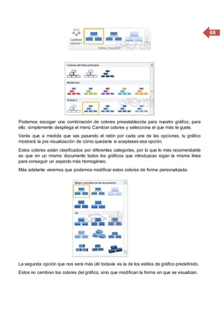 66
Podemos escoger una combinación de colores preestablecida para nuestro gráfico, para
ello, simplemente despliega el menú Cambiar colores y selecciona el que más te guste.
Verás que a medida que vas pasando el ratón por cada una de las opciones, tu gráfico
mostrará la pre visualización de cómo quedaría si aceptases esa opción.
Estos colores están clasificados por diferentes categorías, por lo que lo más recomendable
es que en un mismo documento todos los gráficos que introduzcas sigan la misma línea
para conseguir un aspecto más homogéneo.
Más adelante veremos que podemos modificar estos colores de forma personalizada.
La segunda opción que nos será más útil todavía es la de los estilos de gráfico predefinido.
Estos no cambian los colores del gráfico, sino que modifican la forma en que se visualizan.
 