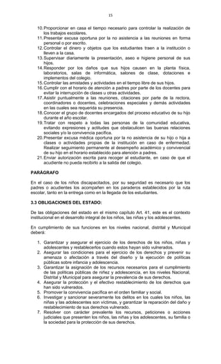 15
10.Proporcionar en casa el tiempo necesario para controlar la realización de
los trabajos escolares.
11.Presentar excusa oportuna por la no asistencia a las reuniones en forma
personal o por escrito.
12.Controlar el dinero y objetos que los estudiantes traen a la institución o
lleven a la casa.
13.Supervisar diariamente la presentación, aseo e higiene personal de sus
hijos.
14.Responder por los daños que sus hijos causen en la planta física,
laboratorios, salas de informática, salones de clase, dotaciones e
implementos del colegio.
15.Controlar las amistades y actividades en el tiempo libre de sus hijos.
16.Cumplir con el horario de atención a padres por parte de los docentes para
evitar la interrupción de clases u otras actividades.
17.Asistir puntualmente a las reuniones, citaciones por parte de la rectora,
coordinadores o docentes, celebraciones especiales y demás actividades
en las cuales sea requerida su presencia.
18.Conocer el grupo de docentes encargados del proceso educativo de su hijo
durante el año escolar.
19.Tratar con respeto a todas las personas de la comunidad educativa,
evitando expresiones y actitudes que obstaculicen las buenas relaciones
sociales y/o la convivencia pacífica.
20.Presentar excusa médica oportuna por la no asistencia de su hijo o hija a
clases o actividades propias de la institución en caso de enfermedad.
Realizar seguimiento permanente al desempeño académico y convivencial
de su hijo en el horario establecido para atención a padres.
21.Enviar autorización escrita para recoger al estudiante, en caso de que el
acudiente no pueda recibirlo a la salida del colegio.
PARÁGRAFO
En el caso de los niños discapacitados, por su seguridad es necesario que los
padres o acudientes los acompañen en los paraderos establecidos por la ruta
escolar, tanto en la entrega como en la llegada de los estudiantes.
3.3 OBLIGACIONES DEL ESTADO:
De las obligaciones del estado en el mismo capítulo Art. 41, este es el contexto
institucional en el desarrollo integral de los niños, las niñas y los adolescentes.
En cumplimiento de sus funciones en los niveles nacional, distrital y Municipal
deberá:
1. Garantizar y asegurar el ejercicio de los derechos de los niños, niñas y
adolescentes y restablecerlos cuando estos hayan sido vulnerados.
2. Asegurar las condiciones para el ejercicio de los derechos y prevenir su
amenaza o afectación a través del diseño y la ejecución de políticas
públicas sobre infancia y adolescencia.
3. Garantizar la asignación de los recursos necesarios para el cumplimiento
de las políticas públicas de niñez y adolescencia, en los niveles Nacional,
Distrital y Municipal para asegurar la prevalencia de sus derechos.
4. Asegurar la protección y el efectivo restablecimiento de los derechos que
han sido vulnerados.
5. Promover la convivencia pacífica en el orden familiar y social.
6. Investigar y sancionar severamente los delitos en los cuales los niños, las
niñas y las adolescentes son víctimas, y garantizar la reparación del daño y
restablecimiento de sus derechos vulnerado.
7. Resolver con carácter prevalente los recursos, peticiones o acciones
judiciales que presenten los niños, las niñas y los adolescentes, su familia o
la sociedad para la protección de sus derechos.
 