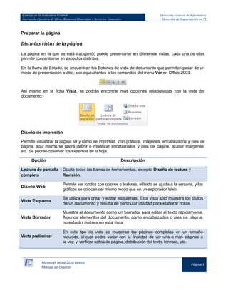 Consejo de la Judicatura Federal 
Secretaría Ejecutiva de Obra, Recursos Materiales y Servicios Generales 
Dirección General de Informática 
Dirección de Capacitación en TI 
Microsoft Word 2010 Básico 
Manual de Usuario 
Página 9 
Preparar la página 
Distintas vistas de la página 
La página en la que se está trabajando puede presentarse en diferentes vistas, cada una de ellas permite concentrarse en aspectos distintos. 
En la Barra de Estado, se encuentran los Botones de vista de documento que permiten pasar de un modo de presentación a otro, son equivalentes a los comandos del menú Ver en Office 2003: 
Así mismo en la ficha Vista, se podrán encontrar más opciones relacionadas con la vista del documento: 
Diseño de impresión 
Permite visualizar la página tal y como se imprimirá, con gráficos, imágenes, encabezados y pies de página, aquí mismo se podrá definir o modificar encabezados y pies de página, ajustar márgenes, etc. Se podrán observar los extremos de la hoja. 
Opción 
Descripción Lectura de pantalla completa Oculta todas las barras de herramientas, excepto Diseño de lectura y Revisión. 
Diseño Web 
Permite ver fondos con colores o texturas, el texto se ajusta a la ventana, y los gráficos se colocan del mismo modo que en un explorador Web. Vista Esquema Se utiliza para crear y editar esquemas. Esta vista sólo muestra los títulos de un documento y resulta de particular utilidad para elaborar notas. 
Vista Borrador 
Muestra el documento como un borrador para editar el texto rápidamente. Algunos elementos del documento, como encabezados o pies de página, no estarán visibles en esta vista. Vista preliminar En este tipo de vista se muestran las páginas completas en un tamaño reducido, el cual podrá variar con la finalidad de ver una o más páginas a la vez y verificar saltos de página, distribución del texto, formato, etc. 
 