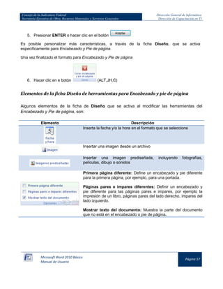Consejo de la Judicatura Federal 
Secretaría Ejecutiva de Obra, Recursos Materiales y Servicios Generales 
Dirección General de Informática 
Dirección de Capacitación en TI 
Microsoft Word 2010 Básico 
Manual de Usuario 
Página 57 
5. Presionar ENTER o hacer clic en el botón 
Es posible personalizar más características, a través de la ficha Diseño, que se activa específicamente para Encabezado y Pie de página. 
Una vez finalizado el formato para Encabezado y Pie de página 
6. Hacer clic en e botón 
(ALT,JH,C) 
Elementos de la ficha Diseño de herramientas para Encabezado y pie de página 
Algunos elementos de la ficha de Diseño que se activa al modificar las herramientas del Encabezado y Pie de página, son: 
Elemento 
Descripción 
Inserta la fecha y/o la hora en el formato que se seleccione 
Insertar una imagen desde un archivo 
Insertar una imagen prediseñada, incluyendo fotografías, películas, dibujo o sonidos 
Primera página diferente: Define un encabezado y pie diferente para la primera página, por ejemplo, para una portada. 
Páginas pares e impares diferentes: Definir un encabezado y pie diferente para las páginas pares e impares, por ejemplo la impresión de un libro, páginas pares del lado derecho, impares del lado izquierdo. 
Mostrar texto del documento: Muestra la parte del documento que no está en el encabezado o pie de página. 
 