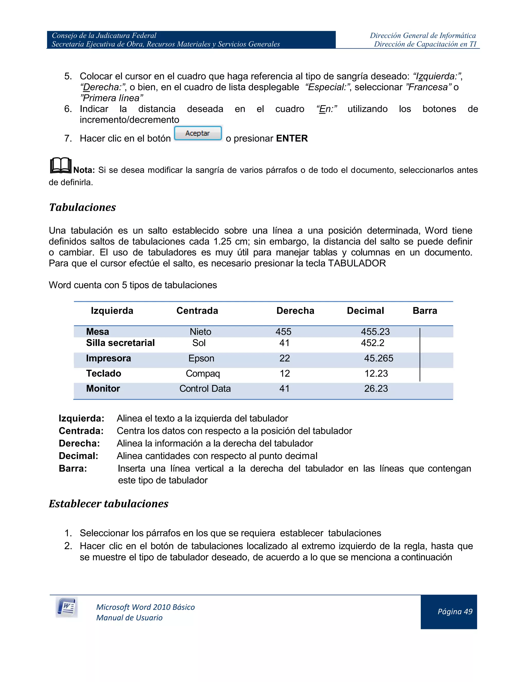 Consejo de la Judicatura Federal
Secretaría Ejecutiva de Obra, Recursos Materiales y Servicios Generales
Dirección General de Informática
Dirección de Capacitación en TI
Microsoft Word 2010 Básico
Manual de Usuario
Página 49
5. Colocar el cursor en el cuadro que haga referencia al tipo de sangría deseado: “Izquierda:”,
“Derecha:”, o bien, en el cuadro de lista desplegable “Especial:”, seleccionar ”Francesa” o
”Primera línea”
6. Indicar la distancia deseada en el cuadro “En:” utilizando los botones de
incremento/decremento
7. Hacer clic en el botón o presionar ENTER
Nota: Si se desea modificar la sangría de varios párrafos o de todo el documento, seleccionarlos antes
de definirla.
Tabulaciones
Una tabulación es un salto establecido sobre una línea a una posición determinada, Word tiene
definidos saltos de tabulaciones cada 1.25 cm; sin embargo, la distancia del salto se puede definir
o cambiar. El uso de tabuladores es muy útil para manejar tablas y columnas en un documento.
Para que el cursor efectúe el salto, es necesario presionar la tecla TABULADOR
Word cuenta con 5 tipos de tabulaciones
Izquierda
PRODUCTO
Centrada
MARCA
Derecha
CANT
Decimal
TOTAL
Barra
Mesa Nieto 455 455.23
Silla secretarial Sol 41 452.2
Impresora Epson 22 45.265
Teclado Compaq 12 12.23
Monitor Control Data 41 26.23
Izquierda: Alinea el texto a la izquierda del tabulador
Centrada: Centra los datos con respecto a la posición del tabulador
Derecha: Alinea la información a la derecha del tabulador
Decimal: Alinea cantidades con respecto al punto decimal
Barra: Inserta una línea vertical a la derecha del tabulador en las líneas que contengan
este tipo de tabulador
Establecer tabulaciones
1. Seleccionar los párrafos en los que se requiera establecer tabulaciones
2. Hacer clic en el botón de tabulaciones localizado al extremo izquierdo de la regla, hasta que
se muestre el tipo de tabulador deseado, de acuerdo a lo que se menciona a continuación
 