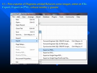 4.1.- Para exportar el Diagrama entidad Relacion como imagen, entrar en  File, Export, Export as PNG,  colocar nombre y guardar  