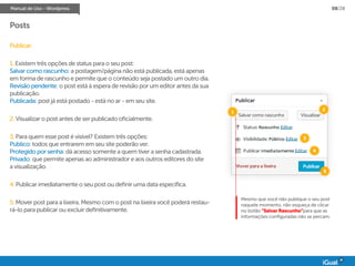 Manual de Uso - Wordpress 08/28
Posts
Publicar:
1. Existem três opções de status para o seu post:
Salvar como rascunho: a postagem/página não está publicada, está apenas
em forma de rascunho e permite que o conteúdo seja postado um outro dia.
Revisão pendente: o post está à espera de revisão por um editor antes da sua
publicação.
Publicada: post já está postado - está no ar - em seu site.
2. Visualizar o post antes de ser publicado oficialmente.
3. Para quem esse post é visível? Existem três opções:
Público: todos que entrarem em seu site poderão ver.
Protegido por senha: dá acesso somente a quem tiver a senha cadastrada.
Privado: que permite apenas ao administrador e aos outros editores do site
a visualização.
4. Publicar imediatamente o seu post ou definir uma data específica.
5. Mover post para a lixeira. Mesmo com o post na lixeira você poderá restau-
rá-lo para publicar ou excluir definitivamente.
1
2
3
4
5
Mesmo que você não publique o seu post
naquele momento, não esqueça de clicar
no botão “Salvar Rascunho”para que as
informações configuradas não se percam.
 