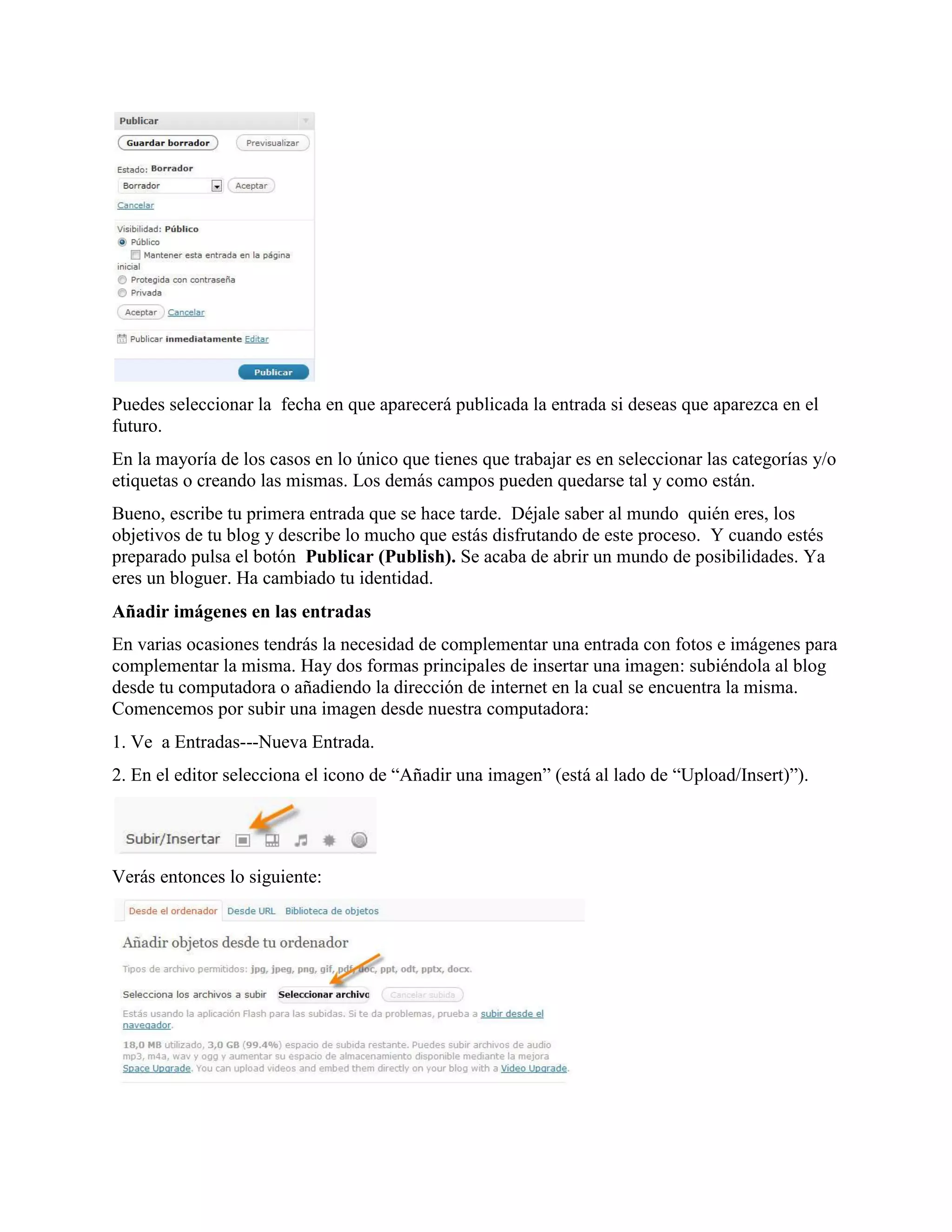 Puedes seleccionar la fecha en que aparecerá publicada la entrada si deseas que aparezca en el
futuro.
En la mayoría de los casos en lo único que tienes que trabajar es en seleccionar las categorías y/o
etiquetas o creando las mismas. Los demás campos pueden quedarse tal y como están.
Bueno, escribe tu primera entrada que se hace tarde. Déjale saber al mundo quién eres, los
objetivos de tu blog y describe lo mucho que estás disfrutando de este proceso. Y cuando estés
preparado pulsa el botón Publicar (Publish). Se acaba de abrir un mundo de posibilidades. Ya
eres un bloguer. Ha cambiado tu identidad.
Añadir imágenes en las entradas
En varias ocasiones tendrás la necesidad de complementar una entrada con fotos e imágenes para
complementar la misma. Hay dos formas principales de insertar una imagen: subiéndola al blog
desde tu computadora o añadiendo la dirección de internet en la cual se encuentra la misma.
Comencemos por subir una imagen desde nuestra computadora:
1. Ve a Entradas---Nueva Entrada.
2. En el editor selecciona el icono de “Añadir una imagen” (está al lado de “Upload/Insert)”).




Verás entonces lo siguiente:
 