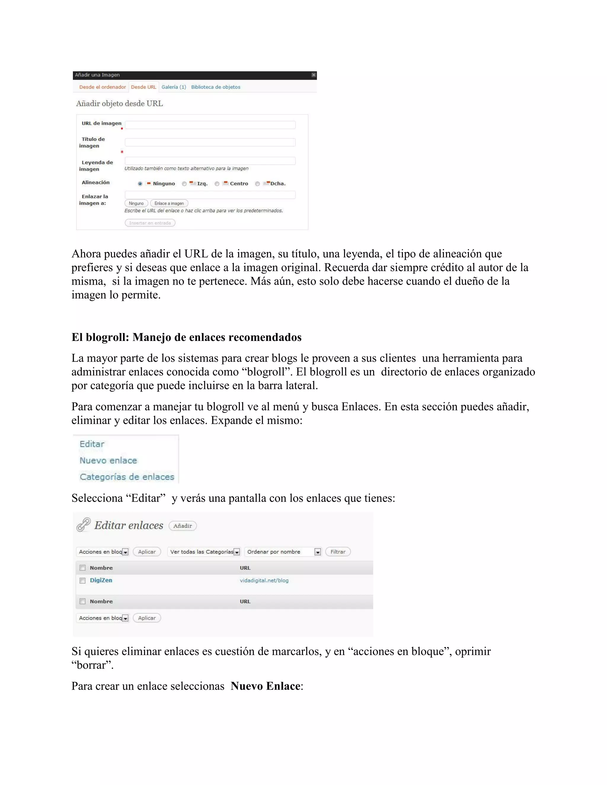 Ahora puedes añadir el URL de la imagen, su título, una leyenda, el tipo de alineación que
prefieres y si deseas que enlace a la imagen original. Recuerda dar siempre crédito al autor de la
misma, si la imagen no te pertenece. Más aún, esto solo debe hacerse cuando el dueño de la
imagen lo permite.


El blogroll: Manejo de enlaces recomendados
La mayor parte de los sistemas para crear blogs le proveen a sus clientes una herramienta para
administrar enlaces conocida como “blogroll”. El blogroll es un directorio de enlaces organizado
por categoría que puede incluirse en la barra lateral.
Para comenzar a manejar tu blogroll ve al menú y busca Enlaces. En esta sección puedes añadir,
eliminar y editar los enlaces. Expande el mismo:




Selecciona “Editar” y verás una pantalla con los enlaces que tienes:




Si quieres eliminar enlaces es cuestión de marcarlos, y en “acciones en bloque”, oprimir
“borrar”.
Para crear un enlace seleccionas Nuevo Enlace:
 