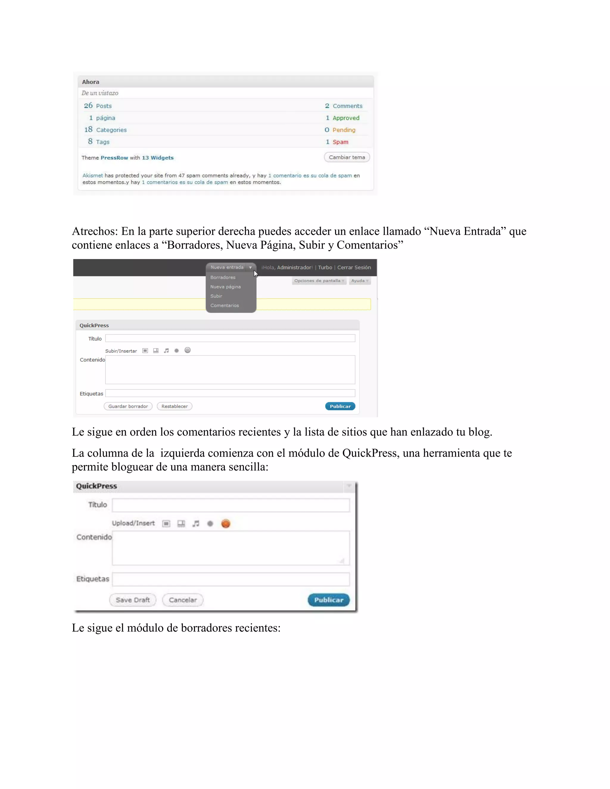Atrechos: En la parte superior derecha puedes acceder un enlace llamado “Nueva Entrada” que
contiene enlaces a “Borradores, Nueva Página, Subir y Comentarios”




Le sigue en orden los comentarios recientes y la lista de sitios que han enlazado tu blog.
La columna de la izquierda comienza con el módulo de QuickPress, una herramienta que te
permite bloguear de una manera sencilla:




Le sigue el módulo de borradores recientes:
 