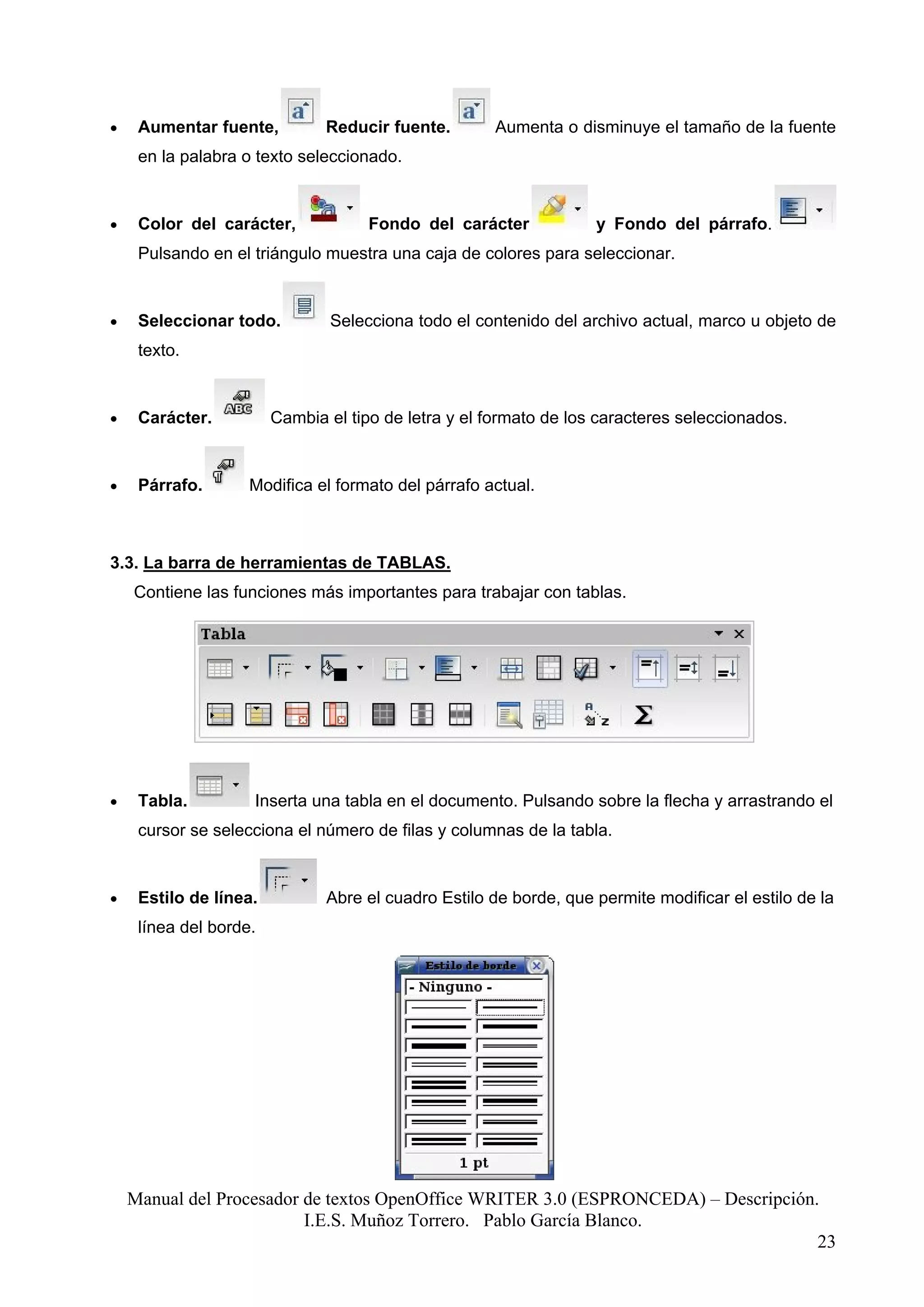 •    Aumentar fuente,          Reducir fuente.       Aumenta o disminuye el tamaño de la fuente
     en la palabra o texto seleccionado.


•    Color del carácter,             Fondo del carácter            y Fondo del párrafo.
     Pulsando en el triángulo muestra una caja de colores para seleccionar.


•    Seleccionar todo.         Selecciona todo el contenido del archivo actual, marco u objeto de
     texto.


•    Carácter.          Cambia el tipo de letra y el formato de los caracteres seleccionados.


•    Párrafo.       Modifica el formato del párrafo actual.



3.3. La barra de herramientas de TABLAS.
    Contiene las funciones más importantes para trabajar con tablas.




•    Tabla.         Inserta una tabla en el documento. Pulsando sobre la flecha y arrastrando el
     cursor se selecciona el número de filas y columnas de la tabla.


•    Estilo de línea.          Abre el cuadro Estilo de borde, que permite modificar el estilo de la
     línea del borde.




    Manual del Procesador de textos OpenOffice WRITER 3.0 (ESPRONCEDA) – Descripción.
                          I.E.S. Muñoz Torrero. Pablo García Blanco.
                                                                                     23
 