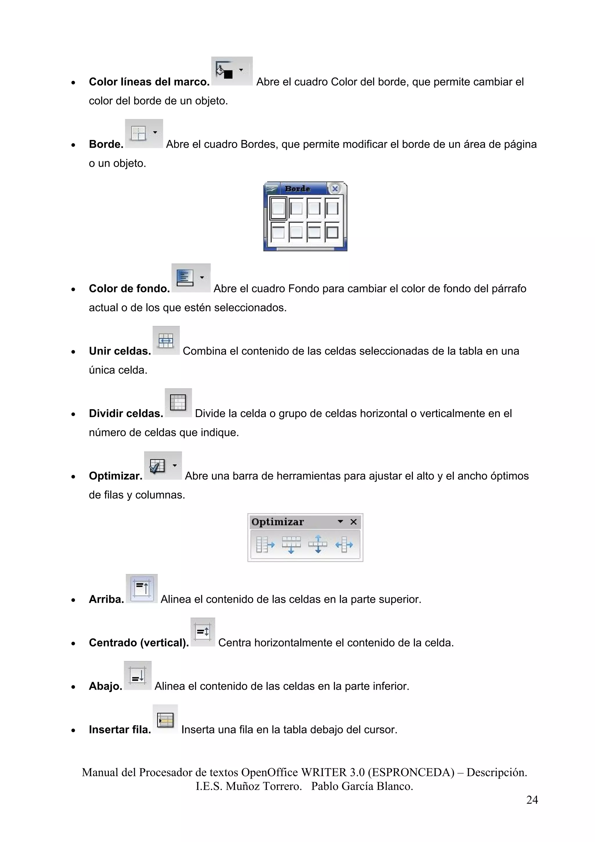 •    Color líneas del marco.               Abre el cuadro Color del borde, que permite cambiar el
     color del borde de un objeto.


•    Borde.             Abre el cuadro Bordes, que permite modificar el borde de un área de página
     o un objeto.




•    Color de fondo.              Abre el cuadro Fondo para cambiar el color de fondo del párrafo
     actual o de los que estén seleccionados.


•    Unir celdas.           Combina el contenido de las celdas seleccionadas de la tabla en una
     única celda.


•    Dividir celdas.          Divide la celda o grupo de celdas horizontal o verticalmente en el
     número de celdas que indique.


•    Optimizar.             Abre una barra de herramientas para ajustar el alto y el ancho óptimos
     de filas y columnas.




•    Arriba.           Alinea el contenido de las celdas en la parte superior.


•    Centrado (vertical).          Centra horizontalmente el contenido de la celda.


•    Abajo.           Alinea el contenido de las celdas en la parte inferior.


•    Insertar fila.        Inserta una fila en la tabla debajo del cursor.


    Manual del Procesador de textos OpenOffice WRITER 3.0 (ESPRONCEDA) – Descripción.
                          I.E.S. Muñoz Torrero. Pablo García Blanco.
                                                                                     24
 