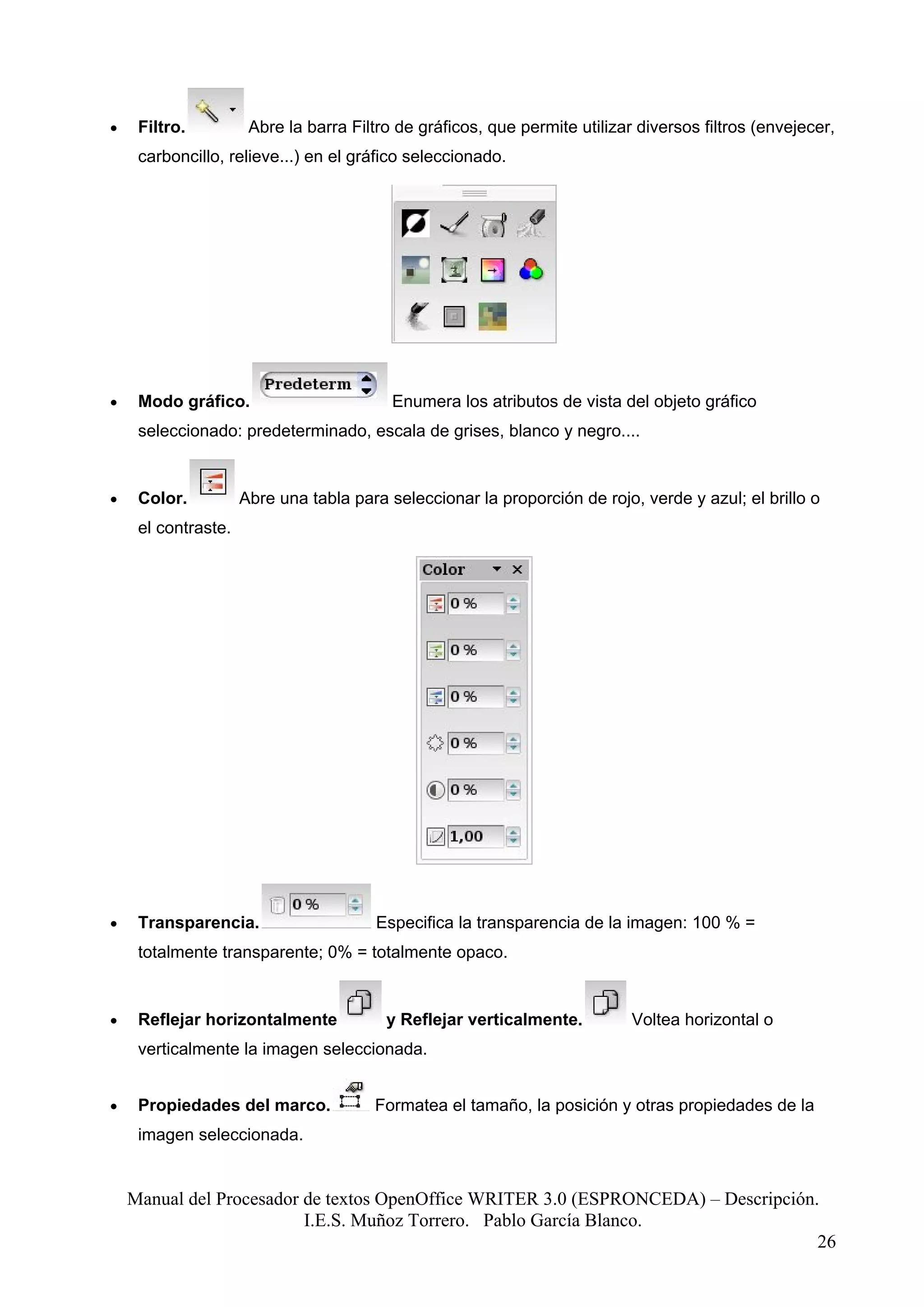 •    Filtro.          Abre la barra Filtro de gráficos, que permite utilizar diversos filtros (envejecer,
     carboncillo, relieve...) en el gráfico seleccionado.




•    Modo gráfico.                        Enumera los atributos de vista del objeto gráfico
     seleccionado: predeterminado, escala de grises, blanco y negro....


•    Color.          Abre una tabla para seleccionar la proporción de rojo, verde y azul; el brillo o
     el contraste.




•    Transparencia.                     Especifica la transparencia de la imagen: 100 % =
     totalmente transparente; 0% = totalmente opaco.


•    Reflejar horizontalmente            y Reflejar verticalmente.          Voltea horizontal o
     verticalmente la imagen seleccionada.


•    Propiedades del marco.            Formatea el tamaño, la posición y otras propiedades de la
     imagen seleccionada.


    Manual del Procesador de textos OpenOffice WRITER 3.0 (ESPRONCEDA) – Descripción.
                          I.E.S. Muñoz Torrero. Pablo García Blanco.
                                                                                     26
 