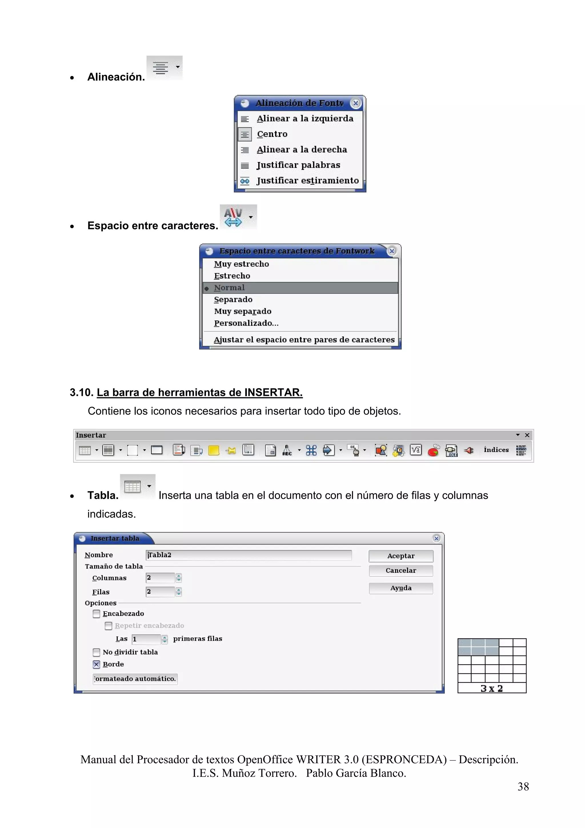 •    Alineación.




•    Espacio entre caracteres.




3.10. La barra de herramientas de INSERTAR.
     Contiene los iconos necesarios para insertar todo tipo de objetos.




•    Tabla.        Inserta una tabla en el documento con el número de filas y columnas
     indicadas.




    Manual del Procesador de textos OpenOffice WRITER 3.0 (ESPRONCEDA) – Descripción.
                          I.E.S. Muñoz Torrero. Pablo García Blanco.
                                                                                     38
 