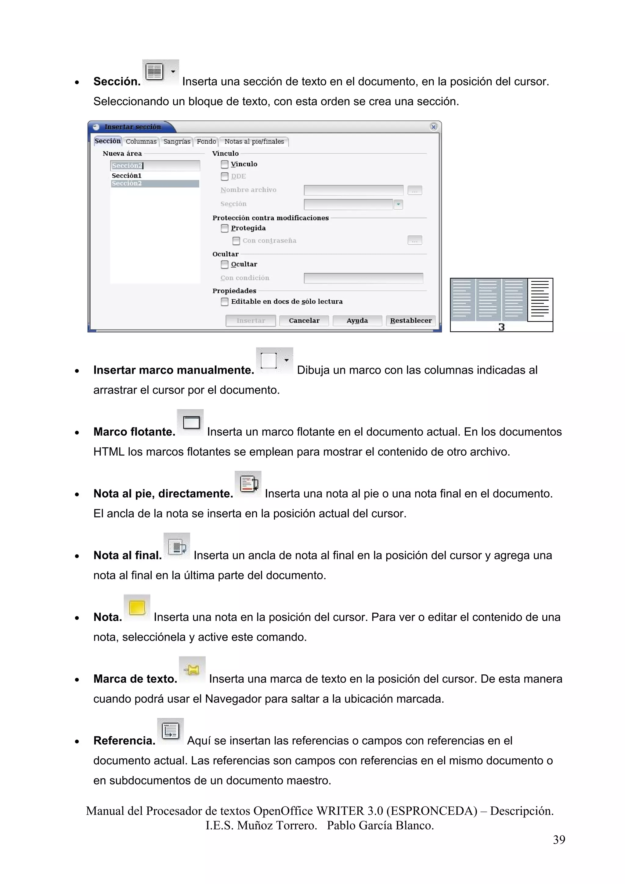 •    Sección.          Inserta una sección de texto en el documento, en la posición del cursor.
     Seleccionando un bloque de texto, con esta orden se crea una sección.




•    Insertar marco manualmente.              Dibuja un marco con las columnas indicadas al
     arrastrar el cursor por el documento.


•    Marco flotante.        Inserta un marco flotante en el documento actual. En los documentos
     HTML los marcos flotantes se emplean para mostrar el contenido de otro archivo.


•    Nota al pie, directamente.         Inserta una nota al pie o una nota final en el documento.
     El ancla de la nota se inserta en la posición actual del cursor.


•    Nota al final.      Inserta un ancla de nota al final en la posición del cursor y agrega una
     nota al final en la última parte del documento.


•    Nota.       Inserta una nota en la posición del cursor. Para ver o editar el contenido de una
     nota, selecciónela y active este comando.


•    Marca de texto.        Inserta una marca de texto en la posición del cursor. De esta manera
     cuando podrá usar el Navegador para saltar a la ubicación marcada.


•    Referencia.        Aquí se insertan las referencias o campos con referencias en el
     documento actual. Las referencias son campos con referencias en el mismo documento o
     en subdocumentos de un documento maestro.

    Manual del Procesador de textos OpenOffice WRITER 3.0 (ESPRONCEDA) – Descripción.
                          I.E.S. Muñoz Torrero. Pablo García Blanco.
                                                                                     39
 