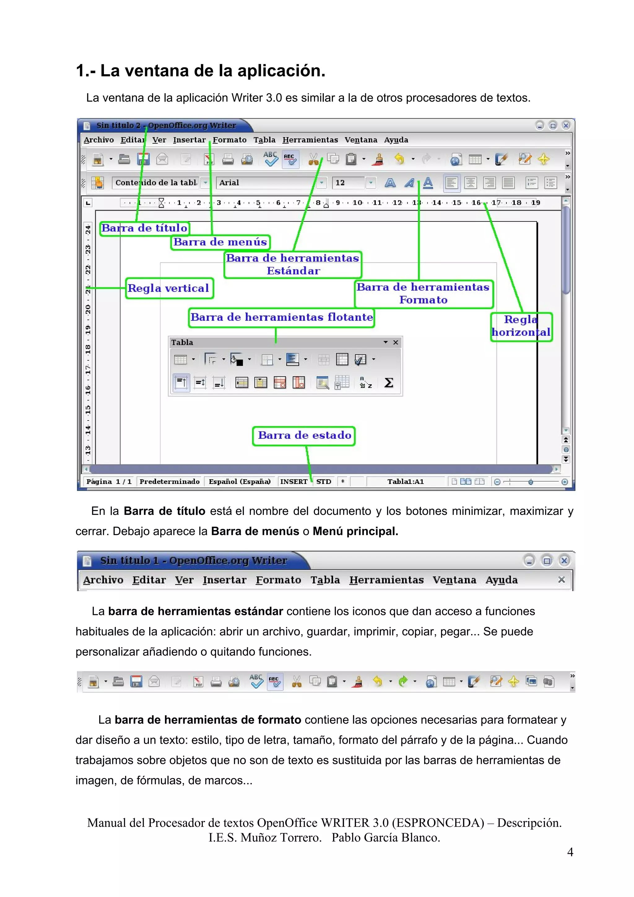 1.- La ventana de la aplicación.
  La ventana de la aplicación Writer 3.0 es similar a la de otros procesadores de textos.




   En la Barra de título está el nombre del documento y los botones minimizar, maximizar y
cerrar. Debajo aparece la Barra de menús o Menú principal.




   La barra de herramientas estándar contiene los iconos que dan acceso a funciones
habituales de la aplicación: abrir un archivo, guardar, imprimir, copiar, pegar... Se puede
personalizar añadiendo o quitando funciones.




    La barra de herramientas de formato contiene las opciones necesarias para formatear y
dar diseño a un texto: estilo, tipo de letra, tamaño, formato del párrafo y de la página... Cuando
trabajamos sobre objetos que no son de texto es sustituida por las barras de herramientas de
imagen, de fórmulas, de marcos...


  Manual del Procesador de textos OpenOffice WRITER 3.0 (ESPRONCEDA) – Descripción.
                        I.E.S. Muñoz Torrero. Pablo García Blanco.
                                                                                                 4
 