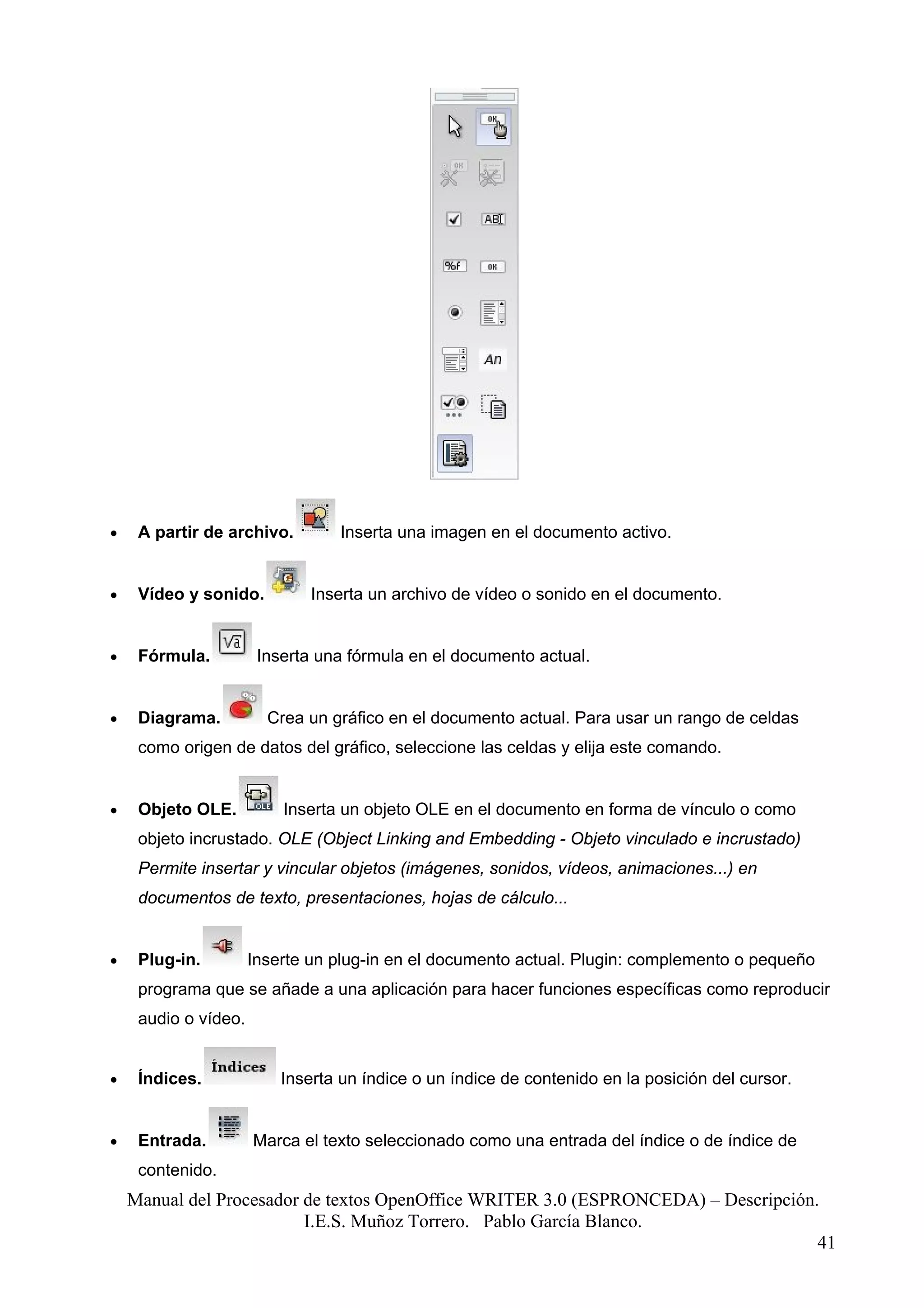 •    A partir de archivo.         Inserta una imagen en el documento activo.


•    Vídeo y sonido.          Inserta un archivo de vídeo o sonido en el documento.


•    Fórmula.          Inserta una fórmula en el documento actual.


•    Diagrama.          Crea un gráfico en el documento actual. Para usar un rango de celdas
     como origen de datos del gráfico, seleccione las celdas y elija este comando.


•    Objeto OLE.          Inserta un objeto OLE en el documento en forma de vínculo o como
     objeto incrustado. OLE (Object Linking and Embedding - Objeto vinculado e incrustado)
     Permite insertar y vincular objetos (imágenes, sonidos, vídeos, animaciones...) en
     documentos de texto, presentaciones, hojas de cálculo...


•    Plug-in.         Inserte un plug-in en el documento actual. Plugin: complemento o pequeño
     programa que se añade a una aplicación para hacer funciones específicas como reproducir
     audio o vídeo.


•    Índices.             Inserta un índice o un índice de contenido en la posición del cursor.


•    Entrada.         Marca el texto seleccionado como una entrada del índice o de índice de
     contenido.
    Manual del Procesador de textos OpenOffice WRITER 3.0 (ESPRONCEDA) – Descripción.
                          I.E.S. Muñoz Torrero. Pablo García Blanco.
                                                                                     41
 