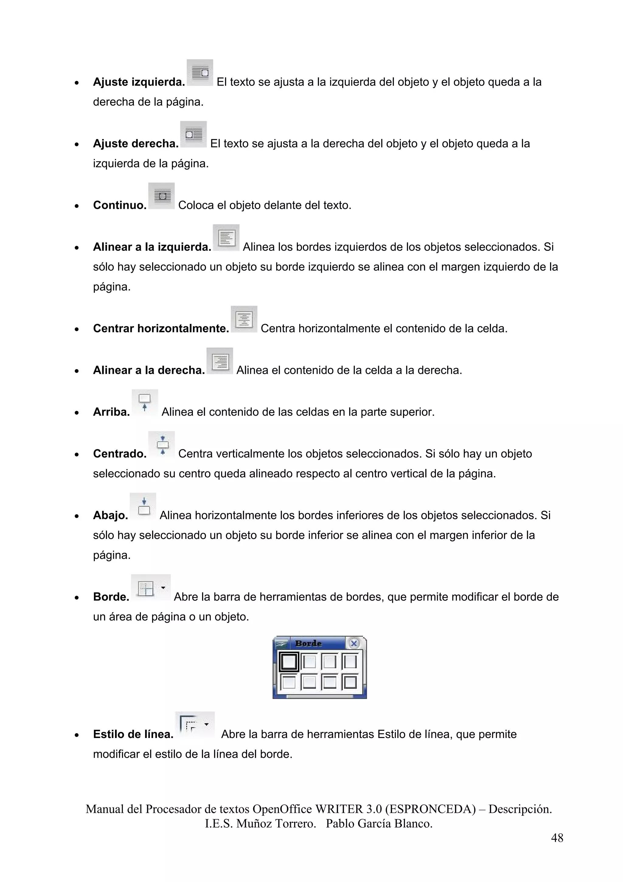 •    Ajuste izquierda.          El texto se ajusta a la izquierda del objeto y el objeto queda a la
     derecha de la página.


•    Ajuste derecha.           El texto se ajusta a la derecha del objeto y el objeto queda a la
     izquierda de la página.


•    Continuo.          Coloca el objeto delante del texto.


•    Alinear a la izquierda.         Alinea los bordes izquierdos de los objetos seleccionados. Si
     sólo hay seleccionado un objeto su borde izquierdo se alinea con el margen izquierdo de la
     página.


•    Centrar horizontalmente.            Centra horizontalmente el contenido de la celda.


•    Alinear a la derecha.          Alinea el contenido de la celda a la derecha.


•    Arriba.       Alinea el contenido de las celdas en la parte superior.


•    Centrado.          Centra verticalmente los objetos seleccionados. Si sólo hay un objeto
     seleccionado su centro queda alineado respecto al centro vertical de la página.


•    Abajo.        Alinea horizontalmente los bordes inferiores de los objetos seleccionados. Si
     sólo hay seleccionado un objeto su borde inferior se alinea con el margen inferior de la
     página.


•    Borde.             Abre la barra de herramientas de bordes, que permite modificar el borde de
     un área de página o un objeto.




•    Estilo de línea.            Abre la barra de herramientas Estilo de línea, que permite
     modificar el estilo de la línea del borde.



    Manual del Procesador de textos OpenOffice WRITER 3.0 (ESPRONCEDA) – Descripción.
                          I.E.S. Muñoz Torrero. Pablo García Blanco.
                                                                                     48
 