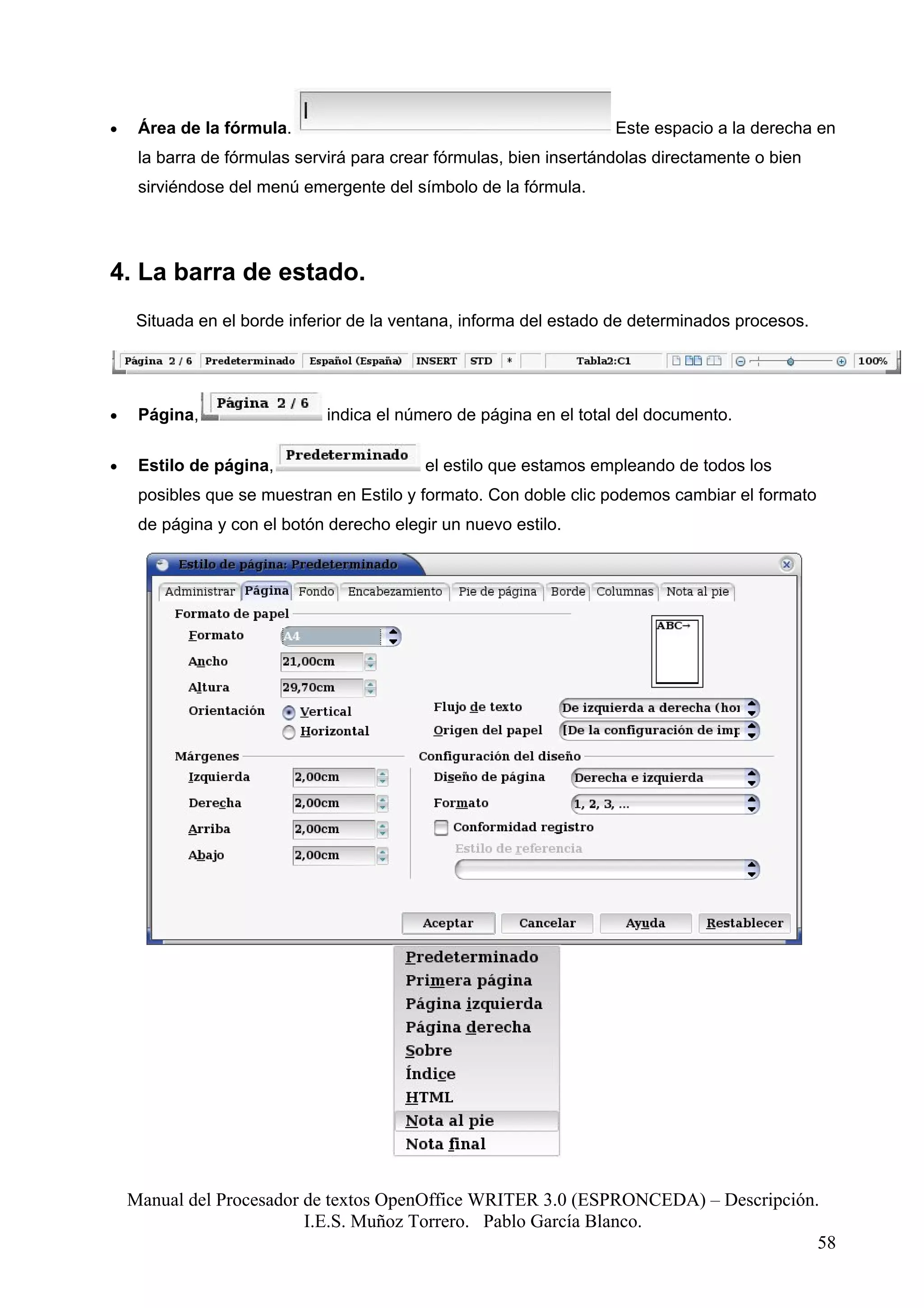 •    Área de la fórmula.                                            Este espacio a la derecha en
     la barra de fórmulas servirá para crear fórmulas, bien insertándolas directamente o bien
     sirviéndose del menú emergente del símbolo de la fórmula.




4. La barra de estado.
     Situada en el borde inferior de la ventana, informa del estado de determinados procesos.




•    Página,                  indica el número de página en el total del documento.

•    Estilo de página,                     el estilo que estamos empleando de todos los
     posibles que se muestran en Estilo y formato. Con doble clic podemos cambiar el formato
     de página y con el botón derecho elegir un nuevo estilo.




    Manual del Procesador de textos OpenOffice WRITER 3.0 (ESPRONCEDA) – Descripción.
                          I.E.S. Muñoz Torrero. Pablo García Blanco.
                                                                                     58
 
