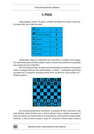 Centro Educacional Sesc Cidadania
Manual de Xadrez | Desenvolvimento Físico-Esportivo
8
5. PEÇAS
Cada jogador possui 16 peças, também divididas em claras e escuras.
As peças são, por ordem de valor:
Observação: Alguns enxadristas não consideram os peões como peças.
Os valores das peças também podem variar, inclusive de acordo com a posição
que a peça ocupa no tabuleiro.
No início das partidas, as peças são distribuídas no tabuleiro da seguinte
forma: as peças brancas são posicionadas na fileira 1, protegidas pela fileira
de peões em 2, enquanto as peças pretas ficam na fileira 8, e seus peões na 7.
Observe abaixo:
Os iniciantes geralmente confundem a posição do Rei e da Dama, mas
para facilitar, basta lembrar que a Dama sempre inicia a partida ocupando a
casa da mesma cor (Dama branca na casa branca, Dama preta na casa preta).
Portanto, a Dama branca ocupa a casa d1, enquanto a Dama preta ocupa a
 