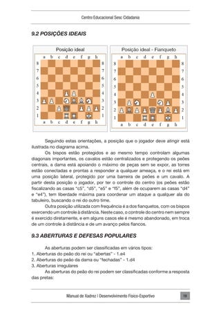 Manual de Xadrez | Desenvolvimento Físico-Esportivo
Centro Educacional Sesc Cidadania
19
9.2 POSIÇÕES IDEAIS
Seguindo estas orientações, a posição que o jogador deve atingir está
ilustrada no diagrama acima.
Os bispos estão protegidos e ao mesmo tempo controlam algumas
diagonais importantes, os cavalos estão centralizados e protegendo os peões
centrais, a dama está apoiando o máximo de peças sem se expor, as torres
estão conectadas e prontas a responder a qualquer ameaça, e o rei está em
uma posição lateral, protegido por uma barreira de peões e um cavalo. A
partir desta posição o jogador, por ter o controle do centro (os peões estão
fiscalizando as casas “c5”, “d5”, “e5” e “f5”, além de ocuparem as casas “d4”
e “e4”), tem liberdade máxima para coordenar um ataque a qualquer ala do
tabuleiro, buscando o rei do outro time.
Outra posição utilizada com frequência é a dos fianquetos, com os bispos
exercendo um controle à distância. Neste caso, o controle do centro nem sempre
é exercido diretamente, e em alguns casos ele é mesmo abandonado, em troca
de um controle à distância e de um avanço pelos flancos.
9.3 ABERTURAS E DEFESAS POPULARES
As aberturas podem ser classificadas em vários tipos:
1. Aberturas do peão do rei ou “abertas” - 1.e4
2. Aberturas do peão da dama ou “fechadas” - 1.d4
3. Aberturas irregulares
As aberturas do peão do rei podem ser classificadas conforme a resposta
das pretas:
 