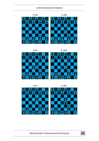 Manual de Xadrez | Desenvolvimento Físico-Esportivo
Centro Educacional Sesc Cidadania
31
2. Cf3
3. d4
4. e5
2...Cf6
3...exd4
4...Ce5
 