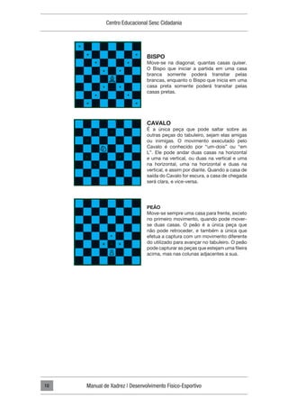 Centro Educacional Sesc Cidadania
Manual de Xadrez | Desenvolvimento Físico-Esportivo
10
BISPO
Move-se na diagonal, quantas casas quiser.
O Bispo que iniciar a partida em uma casa
branca somente poderá transitar pelas
brancas, enquanto o Bispo que inicia em uma
casa preta somente poderá transitar pelas
casas pretas.
CAVALO
É a única peça que pode saltar sobre as
outras peças do tabuleiro, sejam elas amigas
ou inimigas. O movimento executado pelo
Cavalo é conhecido por “um-dois” ou “em
L”. Ele pode andar duas casas na horizontal
e uma na vertical, ou duas na vertical e uma
na horizontal, uma na horizontal e duas na
vertical, e assim por diante. Quando a casa de
saída do Cavalo for escura, a casa de chegada
será clara, e vice-versa.
PEÃO
Move-se sempre uma casa para frente, exceto
no primeiro movimento, quando pode mover-
se duas casas. O peão é a única peça que
não pode retroceder, e também a única que
efetua a captura com um movimento diferente
do utilizado para avançar no tabuleiro. O peão
pode capturar as peças que estejam uma fileira
acima, mas nas colunas adjacentes a sua.
 
