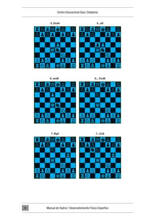 Centro Educacional Sesc Cidadania
Manual de Xadrez | Desenvolvimento Físico-Esportivo
32
5. Dxd4
6. exd6
7. Bg5
5...d5
6... Cxd6
7...Cc6
 