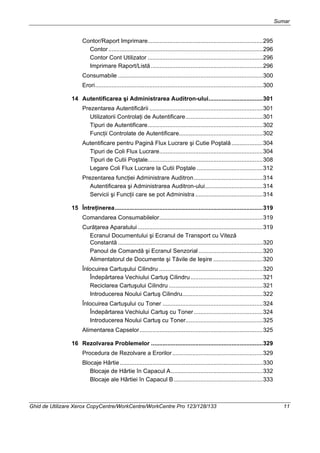 Sumar
Ghid de Utilizare Xerox CopyCentre/WorkCentre/WorkCentre Pro 123/128/133 11
Contor/Raport Imprimare......................................................................295
Contor..............................................................................................296
Contor Cont Utilizator ......................................................................296
Imprimare Raport/Listă ....................................................................296
Consumabile ........................................................................................300
Erori......................................................................................................300
14 Autentificarea şi Administrarea Auditron-ului.................................301
Prezentarea Autentificării .....................................................................301
Utilizatorii Controlaţi de Autentificare...............................................301
Tipuri de Autentificare......................................................................302
Funcţii Controlate de Autentificare...................................................302
Autentificare pentru Pagină Flux Lucrare şi Cutie Poştală...................304
Tipuri de Coli Flux Lucrare...............................................................304
Tipuri de Cutii Poştale......................................................................308
Legare Coli Flux Lucrare la Cutii Poştale ........................................312
Prezentarea funcţiei Administrare Auditron..........................................314
Autentificarea şi Administrarea Auditron-ului...................................314
Servicii şi Funcţii care se pot Administra .........................................314
15 Întreţinerea..........................................................................................319
Comandarea Consumabilelor...............................................................319
Curăţarea Aparatului ............................................................................319
Ecranul Documentului şi Ecranul de Transport cu Viteză
Constantă ........................................................................................320
Panoul de Comandă şi Ecranul Senzorial .......................................320
Alimentatorul de Documente şi Tăvile de Ieşire ..............................320
Înlocuirea Cartuşului Cilindru ...............................................................320
Îndepărtarea Vechiului Cartuş Cilindru............................................321
Reciclarea Cartuşului Cilindru .........................................................321
Introducerea Noului Cartuş Cilindru.................................................322
Înlocuirea Cartuşului cu Toner .............................................................324
Îndepărtarea Vechiului Cartuş cu Toner..........................................324
Introducerea Noului Cartuş cu Toner...............................................325
Alimentarea Capselor...........................................................................325
16 Rezolvarea Problemelor ....................................................................329
Procedura de Rezolvare a Erorilor.......................................................329
Blocaje Hârtie.......................................................................................330
Blocaje de Hârtie în Capacul A........................................................332
Blocaje ale Hârtiei în Capacul B ......................................................333
 
