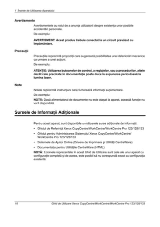 1 Înainte de Utilizarea Aparatului
16 Ghid de Utilizare Xerox CopyCentre/WorkCentre/WorkCentre Pro 123/128/133
Avertismente
Avertismentele au rolul de a anunţa utilizatorii despre existenţa unor posibile
accidentări personale.
De exemplu:
AVERTISMENT: Acest produs trebuie conectat la un circuit prevăzut cu
împământare.
Precauţii
Precauţiile reprezintă propoziţii care sugerează posibilitatea unei deteriorări mecanice
ca urmare a unei acţiuni.
De exemplu:
ATENŢIE: Utilizarea butoanelor de control, a reglajelor, sau a procedurilor, altele
decât cele precizate în documentaţie poate duce la expunerea periculoasă la
lumina laser.
Note
Notele reprezintă instrucţiuni care furnizează informaţii suplimentare.
De exemplu:
NOTĂ: Dacă alimentatorul de documente nu este ataşat la aparat, această funcţie nu
va fi disponibilă.
Sursele de Informaţii Adiţionale
Pentru acest aparat, sunt disponibile următoarele surse adiţionale de informaţii.
• Ghidul de Referinţă Xerox CopyCentre/WorkCentre/WorkCentre Pro 123/128/133
• Ghidul pentru Administrarea Sistemului Xerox CopyCentre/WorkCentre/
WorkCentre Pro 123/128/133
• Sistemele de Ajutor Online (Drivere de Imprimare şi Utilităţi CentreWare)
• Documentaţia pentru Utilităţile CentreWare (HTML)
NOTĂ: Ecranele reprezentate în acest Ghid de Utilizare sunt cele ale unui aparat cu
configuraţie completă şi de aceea, este posibil să nu corespundă exact cu configuraţia
existentă.
 