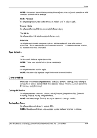 Stare
Ghid de Utilizare Xerox CopyCentre/WorkCentre/WorkCentre Pro 123/128/133 171
NOTĂ: Starea tăvii pentru hârtie poate apărea ca [Necunoscută] dacă aparatul se află
în modul economizor de energie.
Hârtie Rămasă
Se afişează procentul de hârtie rămasă în fiecare tavă în paşi de 25%.
Format Hârtie
Se afişează formatul hârtiei alimentate în fiecare tavă.
Tip Hârtie
Se afişează tipul hârtiei alimentate în fiecare tavă.
Prioritate
Se afişează prioritatea configurată pentru fiecare tavă dacă este selectat Auto
Comutare Tavă. Cea mai mare prioritate are numărul 1. Cu cât este mai mare numărul,
cu atât este mai mică prioritatea.
Tava de Ieşire
Tăvi
Se enumeră tăvile de ieşire disponibile.
NOTĂ: Tăvile sunt afişate în funcţie de configuraţie.
Stare
Se afişează starea tăvii de ieşire.
NOTĂ: Dacă tava de ieşire se umple îndepărtaţi teancul din tavă.
Consumabile
Meniul de consumabile afişează starea cartuşului cilindru, a cartuşului cu toner şi a
cartuşului cu capse. Starea indică dacă acestea trebuie înlocuite. Apăsaţi pe semnul
[+] pentru a extinde meniul.
Cartuşul Cilindru
Se afişează starea cartuşului cilindru, adică [Pregătit], [Nepotrivire Tip], [Înlocuiţi
Curând], [Înlocuiţi Acum], sau [Neinstalat].
NOTĂ: Dacă este afişat [Înlocuiţi Acum] se va înlocui cartuşul cilindru.
Cartuşul cu Toner
Se afişează tonerul rămas în paşi de 25%.
NOTĂ: Dacă tonerul rămas este aproape epuizat cartuşul toner se va înlocui.
 