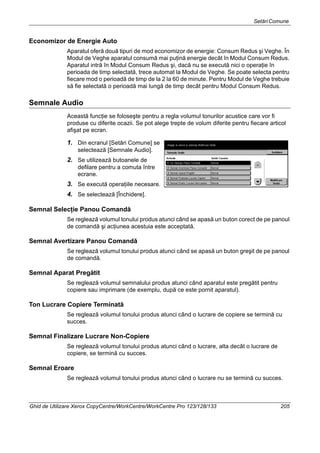 SetăriComune
Ghid de Utilizare Xerox CopyCentre/WorkCentre/WorkCentre Pro 123/128/133 205
Economizor de Energie Auto
Aparatul oferă două tipuri de mod economizor de energie: Consum Redus şi Veghe. În
Modul de Veghe aparatul consumă mai puţină energie decât în Modul Consum Redus.
Aparatul intră în Modul Consum Redus şi, dacă nu se execută nici o operaţie în
perioada de timp selectată, trece automat la Modul de Veghe. Se poate selecta pentru
fiecare mod o perioadă de timp de la 2 la 60 de minute. Pentru Modul de Veghe trebuie
să fie selectată o perioadă mai lungă de timp decât pentru Modul Consum Redus.
Semnale Audio
Această funcţie se foloseşte pentru a regla volumul tonurilor acustice care vor fi
produse cu diferite ocazii. Se pot alege trepte de volum diferite pentru fiecare articol
afişat pe ecran.
1. Din ecranul [Setări Comune] se
selectează [Semnale Audio].
2. Se utilizează butoanele de
defilare pentru a comuta între
ecrane.
3. Se execută operaţiile necesare.
4. Se selectează [Închidere].
Semnal Selecţie Panou Comandă
Se reglează volumul tonului produs atunci când se apasă un buton corect de pe panoul
de comandă şi acţiunea acestuia este acceptată.
Semnal Avertizare Panou Comandă
Se reglează volumul tonului produs atunci când se apasă un buton greşit de pe panoul
de comandă.
Semnal Aparat Pregătit
Se reglează volumul semnalului produs atunci când aparatul este pregătit pentru
copiere sau imprimare (de exemplu, după ce este pornit aparatul).
Ton Lucrare Copiere Terminată
Se reglează volumul tonului produs atunci când o lucrare de copiere se termină cu
succes.
Semnal Finalizare Lucrare Non-Copiere
Se reglează volumul tonului produs atunci când o lucrare, alta decât o lucrare de
copiere, se termină cu succes.
Semnal Eroare
Se reglează volumul tonului produs atunci când o lucrare nu se termină cu succes.
 