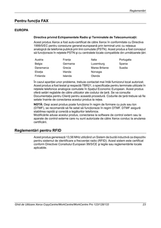 Reglementări
Ghid de Utilizare Xerox CopyCentre/WorkCentre/WorkCentre Pro 123/128/133 23
Pentru funcţia FAX
EUROPA
Directiva privind Echipamentele Radio şi Terminalele de Telecomunicaţii:
Acest produs Xerox a fost auto-certificat de către Xerox în conformitate cu Directiva
1999/5/EC pentru conexiune general-europeană prin terminal unic cu reţeaua
analogică de telefonie publică prin linii comutate (PSTN). Acest produs a fost conceput
să funcţioneze în reţelele PSTN şi cu centralele locale compatibile din următoarele ţări:
În cazul apariţiei unor probleme, trebuie contactat mai întâi furnizorul local autorizat.
Acest produs a fost testat şi respectă TBR21, o specificaţie pentru terminale utilizate în
reţelele telefonice analogice comutate în Spaţiul Economic European. Acest produs
oferă setări reglabile de către utilizator ale codului de ţară. Se va consulta
Documentaţia pentru Clienţi pentru această procedură. Codurile de ţară trebuie să fie
setate înainte de conectarea acestui produs la reţea.
NOTĂ: Deşi acest produs poate funcţiona în regim de formare cu puls sau ton
(DTMF), se recomandă să fie setat să funcţioneze în regim DTMF. DTMF asigură
stabilirea rapidă şi corectă a legăturilor telefonice.
Modificările aduse acestui produs, conectarea la software de control extern sau la
aparate de control externe care nu sunt autorizate de către Xerox conduc la anularea
certificării.
Reglementări pentru RFID
Acest produs generează 13,56 MHz utilizând un Sistem de buclă inductivă ca dispozitiv
pentru sistemul de identificare a frecvenţei radio (RFID). Acest sistem este certificat
conform Directivei Consiliului European 99/5/CE şi legile sau reglementările locale
aplicabile.
Austria Franţa Italia Portugalia
Belgia Germania Luxemburg Spania
Danemarca Grecia Marea Britanie Suedia
Elveţia Irlanda Norvegia
Finlanda Islanda Olanda
 