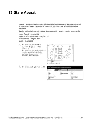 Ghid de Utilizare Xerox CopyCentre/WorkCentre/WorkCentre Pro 123/128/133 291
13 Stare Aparat
Aceast capitol conţine informaţii despre modul în care se verifică starea aparatului,
contorizarea, starea cartuşului cu toner, sau modul în care se imprimă diverse
rapoarte.
Pentru mai multe informaţii despre fiecare separator se vor consulta următoarele.
Stare Aparat – pagina 292
Contor/Raport Imprimare – pagina 295
Consumabile – pagina 300
Erori – pagina 300
1. Se apasă butonul <Stare
Aparat> de pe panoul de
comandă.
Se apasă butonul <Funcţii> sau
<Toate Serviciile> în orice
moment pentru ieşire.
2. Se selectează opţiunea dorită.
Butonul <Stare Aparat>
 