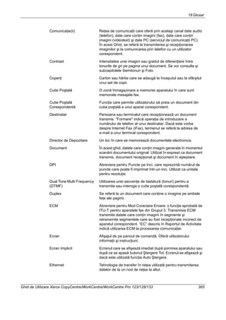 18Glosar
Ghid de Utilizare Xerox CopyCentre/WorkCentre/WorkCentre Pro 123/128/133 365
Comunicaţie(ii) Reţea de comunicaţii care oferă prin acelaşi canal date audio
(telefon), date care conţin imagini (fax), date care conţin
imagini (videotext) şi date PC (serviciul de comunicaţii PC).
În acest Ghid, se referă la transmiterea şi recepţionarea
imaginilor şi la comunicarea prin telefon cu un utilizator
corespondent.
Contrast Intensitatea unei imagini sau gradul de diferenţiere între
tonurile de gri pe pagina unui document. Se vor consulta şi
subcapitolele Semitonuri şi Foto.
Coperţi Carton sau hârtie care se adaugă la începutul sau la sfârşitul
unui set de copii.
Cutie Poştală O zonă înmagazinare a memoriei aparatului în care sunt
memorate mesajele fax.
Cutie Poştală
Corespondentă
Funcţia care permite utilizatorului să preia un document din
cutia poştală a unui aparat corespondent.
Destinatar Persoana sau terminalul care recepţionează un document
transmis. "Formare" indică operaţia de introducere a
numărului de telefon al unui destinatar. Dacă este vorba
despre Internet Fax (iFax), termenul se referă la adresa de
e-mail a unui terminal corespondent.
Director de Depozitare Un loc în care se memorează documentele electronice.
Document În acest ghid, datele care conţin imagini generate în momentul
scanării documentului original. Utilizat în expresii ca document
transmis, document recepţionat şi document în aşteptare.
DPI Abreviere pentru Puncte pe Inci, care reprezintă numărul de
puncte care poate fi imprimat într-un inci. Utilizat ca unitate
pentru rezoluţie.
Dual Tone Multi Frequency
(DTMF)
Utilizarea unei secvenţe de tastatură (tonuri) pentru a
transmite sau interoga o cutie poştală corespondentă.
Duplex Se referă la un document care conţine o imagine pe ambele
feţe ale paginii.
ECM Abreviere pentru Mod Corectare Eroare: o funcţie aprobată de
ITU-T pentru aparatele fax din Grupul 3. Transmisia ECM
transmite datele care conţin imagini în segmente şi
retransmite segmentele care au fost recepţionate incorect de
aparatul corespondent. “EC” descris în Raportul de Activitate
indică utilizarea ECM la procesarea comunicaţiei.
Ecran Afişajul de pe panoul de comandă. Oferă utilizatorului
informaţii şi instrucţiuni.
Ecran Implicit Ecranul care se afişează imediat după pornirea aparatului sau
după ce se apasă butonul Ştergere Tot. Ecranul se afişează şi
dacă este utilizată funcţia Auto Ştergere.
Ethernet Tehnologie de transfer în reţea utilizată pentru transmiterea
datelor de la un nod de reţea la altul.
 