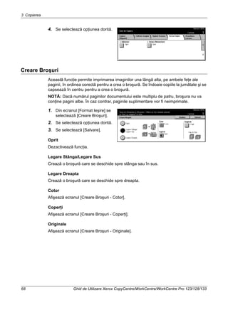 3 Copierea
68 Ghid de Utilizare Xerox CopyCentre/WorkCentre/WorkCentre Pro 123/128/133
4. Se selectează opţiunea dorită.
Creare Broşuri
Această funcţie permite imprimarea imaginilor una lângă alta, pe ambele feţe ale
paginii, în ordinea corectă pentru a crea o broşură. Se îndoaie copiile la jumătate şi se
capsează în centru pentru a crea o broşură.
NOTĂ: Dacă numărul paginilor documentului este multiplu de patru, broşura nu va
conţine pagini albe. În caz contrar, paginile suplimentare vor fi neimprimate.
1. Din ecranul [Format Ieşire] se
selectează [Creare Broşuri].
2. Se selectează opţiunea dorită.
3. Se selectează [Salvare].
Oprit
Dezactivează funcţia.
Legare Stânga/Legare Sus
Crează o broşură care se deschide spre stânga sau în sus.
Legare Dreapta
Crează o broşură care se deschide spre dreapta.
Cotor
Afişează ecranul [Creare Broşuri - Cotor].
Coperţi
Afişează ecranul [Creare Broşuri - Coperţi].
Originale
Afişează ecranul [Creare Broşuri - Originale].
 