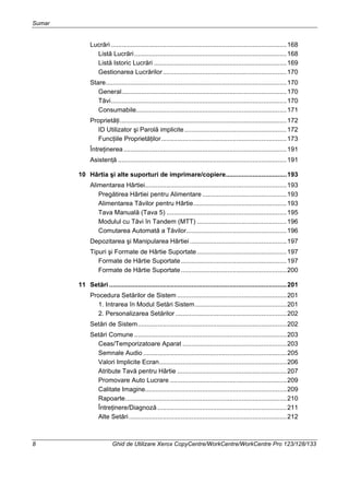 Sumar
8 Ghid de Utilizare Xerox CopyCentre/WorkCentre/WorkCentre Pro 123/128/133
Lucrări ..................................................................................................168
Listă Lucrări.....................................................................................168
Listă Istoric Lucrări ..........................................................................169
Gestionarea Lucrărilor.....................................................................170
Stare.....................................................................................................170
General............................................................................................170
Tăvi..................................................................................................170
Consumabile....................................................................................171
Proprietăţi.............................................................................................172
ID Utilizator şi Parolă implicite.........................................................172
Funcţiile Proprietăţilor......................................................................173
Întreţinerea...........................................................................................191
Asistenţă ..............................................................................................191
10 Hârtia şi alte suporturi de imprimare/copiere..................................193
Alimentarea Hârtiei...............................................................................193
Pregătirea Hârtiei pentru Alimentare ...............................................193
Alimentarea Tăvilor pentru Hârtie....................................................193
Tava Manuală (Tava 5) ...................................................................195
Modulul cu Tăvi în Tandem (MTT) ..................................................196
Comutarea Automată a Tăvilor........................................................196
Depozitarea şi Manipularea Hârtiei......................................................197
Tipuri şi Formate de Hârtie Suportate..................................................197
Formate de Hârtie Suportate...........................................................197
Formate de Hârtie Suportate...........................................................200
11 Setări ...................................................................................................201
Procedura Setărilor de Sistem .............................................................201
1. Intrarea în Modul Setări Sistem...................................................201
2. Personalizarea Setărilor ..............................................................202
Setări de Sistem...................................................................................202
Setări Comune .....................................................................................203
Ceas/Temporizatoare Aparat ..........................................................203
Semnale Audio ................................................................................205
Valori Implicite Ecran.......................................................................206
Atribute Tavă pentru Hârtie .............................................................207
Promovare Auto Lucrare .................................................................209
Calitate Imagine...............................................................................209
Rapoarte..........................................................................................210
Întreţinere/Diagnoză ........................................................................211
Alte Setări........................................................................................212
 
