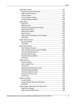 Sumar
Ghid de Utilizare Xerox CopyCentre/WorkCentre/WorkCentre Pro 123/128/133 9
Setări Mod Copiere ..............................................................................217
Separatorul Copiere Obişnuită ........................................................217
Setări Implicite Copiere....................................................................218
Control Copiere................................................................................221
Format Implicite Original..................................................................223
Presetări Micşorare/Mărire ..............................................................224
Setări Reţea .........................................................................................224
Setări Port........................................................................................225
Setări Protocol .................................................................................228
Adresă E-mail Aparat/Nume Gazdă ................................................229
Setări Server POP3 .........................................................................230
Setări Server SMTP.........................................................................231
Filtru Domeniu .................................................................................232
Setări Server Autentificare de la Distanţă........................................232
Alte Setări ........................................................................................233
Setări Mod Imprimare...........................................................................233
Alocare Memorie..............................................................................234
Alte Setări ........................................................................................236
Setări Mod Scanare..............................................................................238
Valori Implicite Scanare...................................................................238
Valori Implicite Scanare către FTP/SMB .........................................240
Formate Implicite Scanare...............................................................240
Formate Implicite Ieşiri.....................................................................241
Presetări Micşorare/Mărire ..............................................................241
Alte Setări ........................................................................................242
Setări Mod Fax.....................................................................................243
Ecrane Implicite ...............................................................................243
Valori Implicite Fax ..........................................................................244
Control Fax ......................................................................................245
Destinaţie Fişier/Destinaţie Ieşire ....................................................248
Presetări Micşorare/Mărire ..............................................................249
Formate Implicite Scanare...............................................................250
Informaţii Terminal Local .................................................................251
Control iFax .....................................................................................252
Setări E-mail/iFax.................................................................................253
E-mail Implicite ................................................................................254
Căutare Adresă (Serviciul Directoare).............................................254
Alte Setări ........................................................................................257
Cutie Poştală / Setări Document Memorate.........................................258
Setări Cutie Poştală.........................................................................258
Setări Document Memorate.............................................................259
 