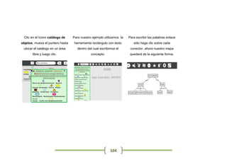 Clic en el ícono catálogo de    Para nuestro ejemplo utilizamos la   Para escribir las palabras enlace
objetos, mueva el puntero hasta    herramienta rectángulo con texto       sólo haga clic sobre cada
 ubicar el catálogo en un área       dentro del cual escribimos el      conector, ahora nuestro mapa
       libre y luego clic.                    concepto.                 quedará de la siguiente forma.




                                                            104
 