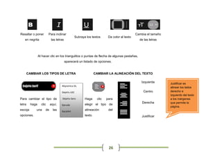 Resaltar o poner          Para inclinar                                                     Cambia el tamaño
                                               Subraya los textos       Da color al texto
    en negrita             las letras                                                         de las letras




                 Al hacer clic en los triangulitos o puntas de flecha de algunas pestañas,
                                        aparecerá un listado de opciones.


        CAMBIAR LOS TIPOS DE LETRA                             CAMBIAR LA ALINEACIÓN DEL TEXTO

                                                                                               Izquierda       Justificar es
                                   Abyssinica SIL
                                                                                                               alinear los lados
                                   DejaVu LGC                                                    Centro        derecho e
                                                                                                               izquierdo del texto
Para cambiar el tipo de             DejaVu Sans       Haga      clic   para                                    a los márgenes
                                                                                                Derecha        que permite la
letra     haga     clic    aquí,   Garuda             elegir el tipo de
                                                                                                               página.
escoja       una      de     las   KacstArt
                                                      alineación        del
opciones.                                             texto.                                    Justificar
                                   KacstBook




                                                                        26
 