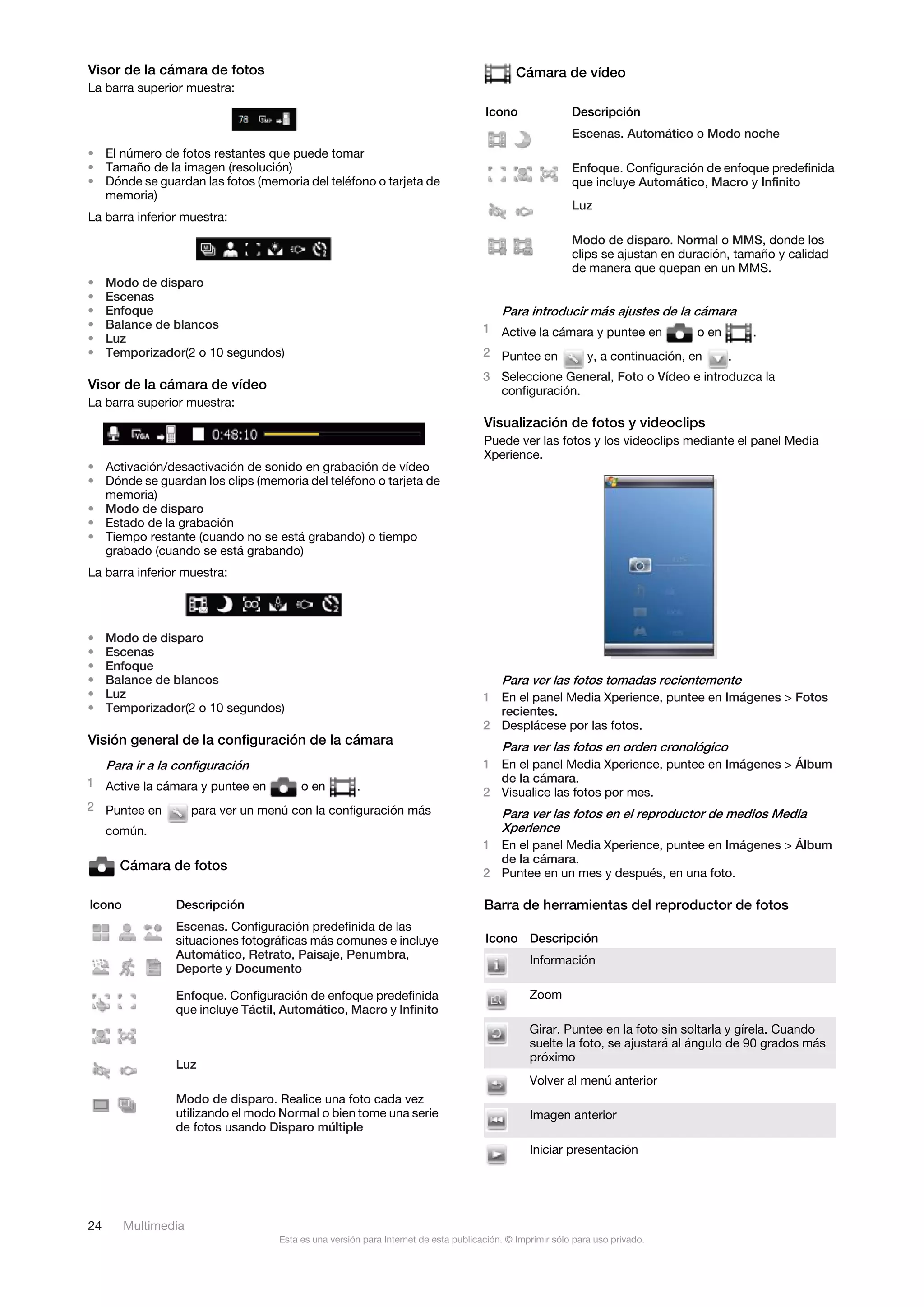 Visor de la cámara de fotos                                                                  Cámara de vídeo
La barra superior muestra:
                                                                                     Icono                Descripción
                                                                                                          Escenas. Automático o Modo noche
• El número de fotos restantes que puede tomar
• Tamaño de la imagen (resolución)                                                                        Enfoque. Configuración de enfoque predefinida
• Dónde se guardan las fotos (memoria del teléfono o tarjeta de                                           que incluye Automático, Macro y Infinito
  memoria)
                                                                                                          Luz
La barra inferior muestra:
                                                                                                          Modo de disparo. Normal o MMS, donde los
                                                                                                          clips se ajustan en duración, tamaño y calidad
                                                                                                          de manera que quepan en un MMS.
•    Modo de disparo
•    Escenas
•    Enfoque                                                                             Para introducir más ajustes de la cámara
•    Balance de blancos                                                              1 Active la cámara y puntee en               o en       .
•    Luz
•    Temporizador(2 o 10 segundos)                                                   2 Puntee en              y, a continuación, en      .
                                                                                     3 Seleccione General, Foto o Vídeo e introduzca la
Visor de la cámara de vídeo                                                            configuración.
La barra superior muestra:
                                                                                     Visualización de fotos y videoclips
                                                                                     Puede ver las fotos y los videoclips mediante el panel Media
                                                                                     Xperience.
• Activación/desactivación de sonido en grabación de vídeo
• Dónde se guardan los clips (memoria del teléfono o tarjeta de
  memoria)
• Modo de disparo
• Estado de la grabación
• Tiempo restante (cuando no se está grabando) o tiempo
  grabado (cuando se está grabando)
La barra inferior muestra:




•    Modo de disparo
•    Escenas
•    Enfoque
•    Balance de blancos                                                                  Para ver las fotos tomadas recientemente
•    Luz                                                                             1 En el panel Media Xperience, puntee en Imágenes > Fotos
•    Temporizador(2 o 10 segundos)                                                     recientes.
                                                                                     2 Desplácese por las fotos.
Visión general de la configuración de la cámara                                          Para ver las fotos en orden cronológico
     Para ir a la configuración                                                      1 En el panel Media Xperience, puntee en Imágenes > Álbum
1 Active la cámara y puntee en                                                         de la cámara.
                                         o en         .                              2 Visualice las fotos por mes.
2 Puntee en          para ver un menú con la configuración más                         Para ver las fotos en el reproductor de medios Media
     común.                                                                            Xperience
                                                                                     1 En el panel Media Xperience, puntee en Imágenes > Álbum
                                                                                       de la cámara.
       Cámara de fotos
                                                                                     2 Puntee en un mes y después, en una foto.

Icono            Descripción                                                         Barra de herramientas del reproductor de fotos
                 Escenas. Configuración predefinida de las
                 situaciones fotográficas más comunes e incluye                      Icono Descripción
                 Automático, Retrato, Paisaje, Penumbra,                                        Información
                 Deporte y Documento

                 Enfoque. Configuración de enfoque predefinida                                  Zoom
                 que incluye Táctil, Automático, Macro y Infinito
                                                                                                Girar. Puntee en la foto sin soltarla y gírela. Cuando
                                                                                                suelte la foto, se ajustará al ángulo de 90 grados más
                                                                                                próximo
                 Luz
                                                                                                Volver al menú anterior
                 Modo de disparo. Realice una foto cada vez
                 utilizando el modo Normal o bien tome una serie                                Imagen anterior
                 de fotos usando Disparo múltiple
                                                                                                Iniciar presentación




24      Multimedia
                                    Esta es una versión para Internet de esta publicación. © Imprimir sólo para uso privado.
 