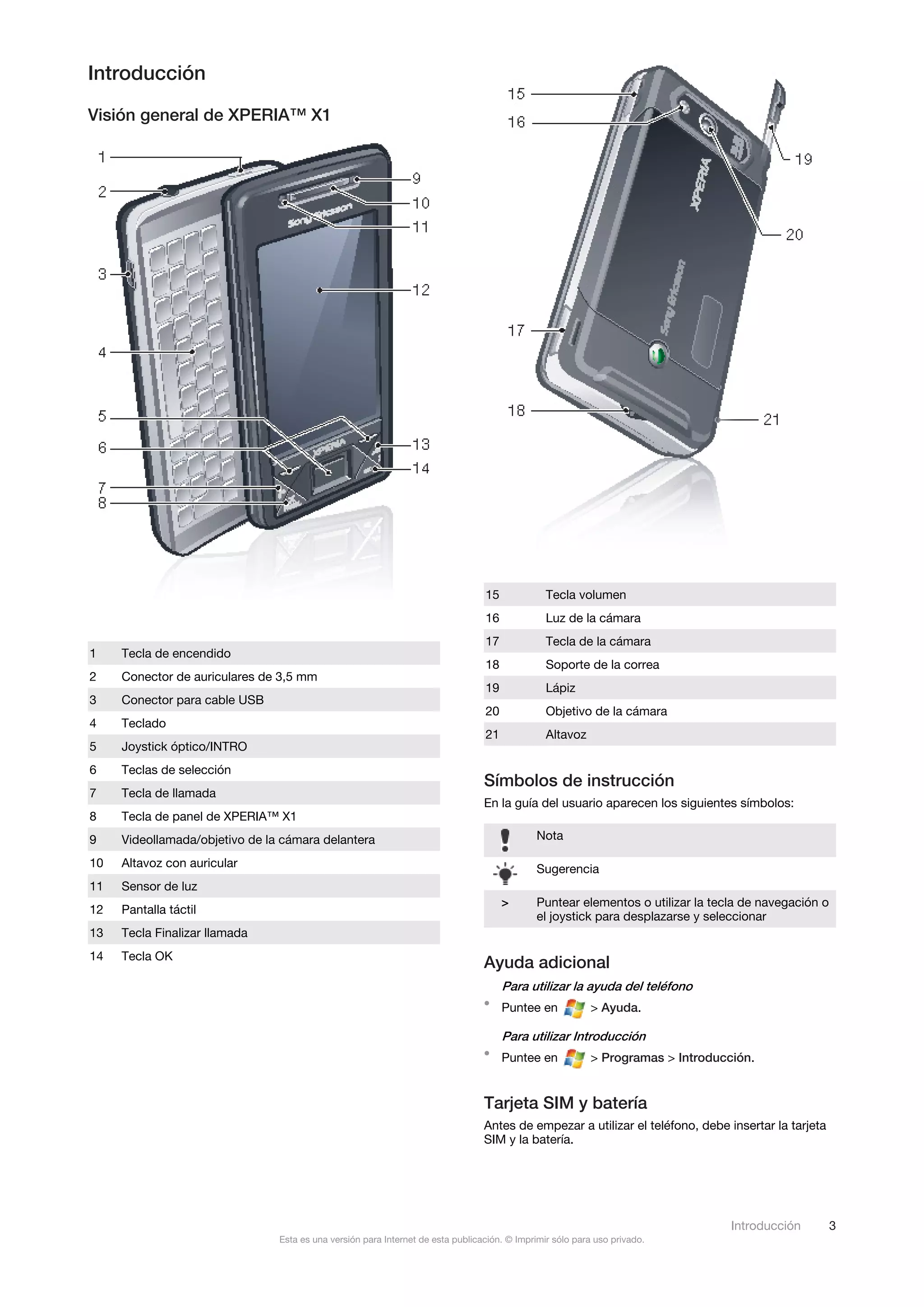 Introducción

Visión general de XPERIA™ X1




                                                                                 15             Tecla volumen
                                                                                 16             Luz de la cámara
                                                                                 17             Tecla de la cámara
1    Tecla de encendido
                                                                                 18             Soporte de la correa
2    Conector de auriculares de 3,5 mm
                                                                                 19             Lápiz
3    Conector para cable USB
                                                                                 20             Objetivo de la cámara
4    Teclado
                                                                                 21             Altavoz
5    Joystick óptico/INTRO
6    Teclas de selección
                                                                                 Símbolos de instrucción
7    Tecla de llamada
                                                                                 En la guía del usuario aparecen los siguientes símbolos:
8    Tecla de panel de XPERIA™ X1
9    Videollamada/objetivo de la cámara delantera                                            Nota

10   Altavoz con auricular                                                                   Sugerencia
11   Sensor de luz
                                                                                      >      Puntear elementos o utilizar la tecla de navegación o
12   Pantalla táctil
                                                                                             el joystick para desplazarse y seleccionar
13   Tecla Finalizar llamada
14   Tecla OK
                                                                                 Ayuda adicional
                                                                                      Para utilizar la ayuda del teléfono
                                                                                 • Puntee en              > Ayuda.

                                                                                      Para utilizar Introducción
                                                                                 • Puntee en              > Programas > Introducción.


                                                                                 Tarjeta SIM y batería
                                                                                 Antes de empezar a utilizar el teléfono, debe insertar la tarjeta
                                                                                 SIM y la batería.




                                                                                                                                 Introducción        3
                                Esta es una versión para Internet de esta publicación. © Imprimir sólo para uso privado.
 