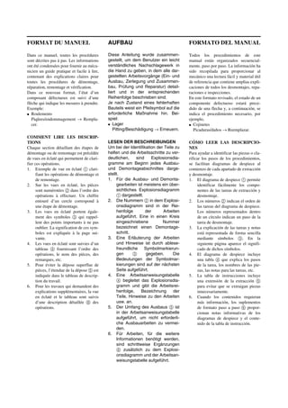 AUFBAU
Diese Anleitung wurde zusammen-
gestellt, um dem Benutzer ein leicht
verständliches Nachschlagewerk in
die Hand zu geben, in dem alle dar-
gestellten Arbeitsvorgänge (Ein- und
Ausbau, Zerlegung und Zusammen-
bau, Prüfung und Reparatur) detail-
liert und in der entsprechenden
Reihenfolge beschrieben sind.
Je nach Zustand eines fehlerhaften
Bauteils weist ein Pfeilsymbol auf die
erforderliche Maßnahme hin. Bei-
spiel:
G Lager
Pitting/Beschädigung → Erneuern.
LESEN DER BESCHREIBUNGEN
Um bei der Identifikation der Teile zu
helfen und die Arbeitsschritte zu ver-
deutlichen, sind Explosionsdia-
gramme am Beginn jedes Ausbau-
und Demontageabschnittes darge-
stellt.
1. Für die Ausbau- und Demonta-
gearbeiten ist meistens ein über-
sichtliches Explosionsdiagramm
1 dargestellt.
2. Die Nummern 2 in dem Explosi-
onsdiagramm sind in der Rei-
henfolge der Arbeiten
aufgeführt. Eine in einen Kreis
eingeschriebene Nummer
bezeichnet einen Demontage-
schritt.
3. Eine Erläuterung der Arbeiten
und Hinweise ist durch ablese-
freundliche Symbolmarkierun-
gen 3 gegeben. Die
Bedeutungen der Symbolmar-
kierungen sind auf der nächsten
Seite aufgeführt.
4. Eine Arbeitsanweisungstabelle
4 begleitet das Explosionsdia-
gramm und gibt die Arbeitsrei-
henfolge, Bezeichnung der
Teile, Hinweise zu den Arbeiten
usw. an.
5. Der Umfang des Ausbaus 5 ist
in der Arbeitsanweisungstabelle
aufgeführt, um nicht erforderli-
che Ausbauarbeiten zu vermei-
den.
6. Für Arbeiten, für die weitere
Informationen benötigt werden,
sind schrittweise Ergänzungen
6 zusätzlich zu dem Explosi-
onsdiagramm und der Arbeitsan-
weisungstabelle aufgeführt.
FORMAT DU MANUEL
Dans ce manuel, toutes les procédures
sont décrites pas à pas. Les informations
ont été condensées pour fournir au méca-
nicien un guide pratique et facile à lire,
contenant des explications claires pour
toutes les procédures de démontage,
réparation, remontage et vérification.
Dans ce nouveau format, l’état d’un
composant défectueux est suivi d’une
flèche qui indique les mesures à prendre.
Exemple:
G Roulements
Piqûres/endommagement → Rempla-
cer.
COMMENT LIRE LES DESCRIP-
TIONS
Chaque section détaillant des étapes de
démontage ou de remontage est précédée
de vues en éclaté qui permettent de clari-
fier ces opérations.
1. Exemple de vue en éclaté 1 clari-
fiant les opérations de démontage et
de remontage.
2. Sur les vues en éclaté, les pièces
sont numérotées 2 dans l’ordre des
opérations à effectuer. Un chiffre
entouré d’un cercle correspond à
une étape de démontage.
3. Les vues en éclaté portent égale-
ment des symboles 3 qui rappel-
lent des points importants à ne pas
oublier. La signification de ces sym-
boles est expliquée à la page sui-
vante.
4. Les vues en éclaté sont suivies d’un
tableau 4 fournissant l’ordre des
opérations, le nom des pièces, des
remarques, etc.
5. Pour éviter la dépose superflue de
pièces, l’étendue de la dépose 5 est
indiquée dans le tableau de descrip-
tion du travail.
6. Pour les travaux qui demandent des
explications supplémentaires, la vue
en éclaté et le tableau sont suivis
d’une description détaillée 6 des
opérations.
FORMATO DEL MANUAL
Todos los procedimientos de este
manual están organizados secuencial-
mente, paso por paso. La información ha
sido recopilada para proporcionar al
mecánico una lectura fácil y material útil
de referencia que contiene amplias expli-
caciones de todos los desmontajes, repa-
raciones e inspecciones.
En este formato revisado, el estado de un
componente defectuoso estará prece-
dido de una flecha y, a continuación, se
indica el procedimiento necesario, por
ejemplo,
G Cojinetes
Picaduras/daños → Reemplazar.
CÓMO LEER LAS DESCRIPCIO-
NES
Para ayudar a identificar las piezas o cla-
rificar los pasos de los procedimientos,
se facilitan diagramas de despiece al
comienzo de cada apartado de extracción
y desmontaje.
1. El diagrama de despiece 1 permite
identificar fácilmente los compo-
nentes de las tareas de extracción y
desmontaje.
2. Los números 2 indican el orden de
las tareas del diagrama de despiece.
Los números representados dentro
de un círculo indican un paso de la
tarea de desmontaje.
3. La explicación de las tareas y notas
está representada de forma sencilla
mediante símbolos 3. En la
siguiente página aparece el signifi-
cado de dichos símbolos.
4. El diagrama de despiece incluye
una tabla 4 que explica los pasos
de la tarea, los nombres de las pie-
zas, las notas para las tareas, etc.
5. La tabla de instrucciones incluye
una extensión de la extracción 5
para evitar que se extraigan piezas
innecesariamente.
6. Cuando los contenidos requieran
más información, los suplementos
de formato paso a paso 6 propor-
cionan notas informativas de los
diagramas de despiece y el conte-
nido de la tabla de instrucción.
 