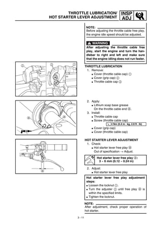 3 - 11
INSP
ADJ
THROTTLE LUBRICATION/
HOT STARTER LEVER ADJUSTMENT
THROTTLE LUBRICATION
1. Remove:
G Cover (throttle cable cap) 1
G Cover (grip cap) 2
G Throttle cable cap 3
NOTE:
Before adjusting the throttle cable free play,
the engine idle speed should be adjusted.
WARNING
After adjusting the throttle cable free
play, start the engine and turn the han-
dlebar to right and left and make sure
that the engine idling does not run faster.
2. Apply:
G Lithium soap base grease
On the throttle cable end a.
3. Install:
G Throttle cable cap
G Screw (throttle cable cap)
G Cover (grip cap)
G Cover (throttle cable cap)
T
R.
.
4 Nm (0.4 m · kg, 2.9 ft · lb)
HOT STARTER LEVER ADJUSTMENT
1. Check:
G Hot starter lever free play a
Out of specification → Adjust.
2. Adjust:
G Hot starter lever free play
NOTE:
After adjustment, check proper operation of
hot starter.
Hot starter lever free play a:
3 ~ 6 mm (0.12 ~ 0.24 in)
Hot starter lever free play adjustment
steps:
G Loosen the locknut 1.
G Turn the adjuster 2 until free play a is
within the specified limits.
G Tighten the locknut.
 