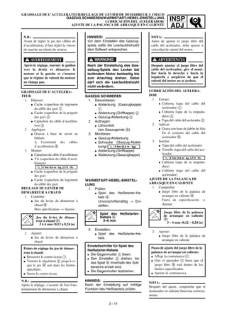 INSP
ADJ
GRAISSAGE DE L’ACCELERATEUR/REGLAGE DU LEVIER DE DEMARREUR A CHAUD
GASZUG SCHMIEREN/WARMSTART-HEBEL-EINSTELLUNG
LUBRICACIÓN DEL ACELERADOR/
AJUSTE DE LA PALANCA DE ARRANQUE EN CALIENTE
GASZUG SCHMIEREN
1. Demontieren:
G Abdeckung (Gaszugkappe)
1
G Abdeckung (Griffkappe) 2
G Gaszug-Abdeckung 3
2. Auftragen:
G Lithiumfett
(am Gaszugende a)
3. Montieren:
G Gaszug-Abdeckung
G Schraube (Gaszug-Abdek-
kung)
G Abdeckung (Griffkappe)
G Abdeckung (Gaszugkappe)
WARMSTART-HEBEL-EINSTEL-
LUNG
1. Prüfen:
G Spiel des Heißstarter-He-
bels a
Unvorschriftsmäßig → Ein-
stellen.
2. Einstellen:
G Spiel des Heißstarter-He-
bels
HINWEIS:
Nach der Einstellung auf richtige
Funktion des Heißstarters prüfen.
HINWEIS:
Vor dem Einstellen des Gaszug-
spiels sollte die Leerlaufdrehzahl
dem Sollwert entsprechen.
WARNUNG
Nach der Einstellung des Gas-
seilzug-Spiels den Lenker bei
laufendem Motor beidseitig bis
zum Anschlag drehen. Dabei
darf sich die Leerlaufdrehzahl
nicht verändern.
Spiel des Heißstarter-
Hebels a
3–6 mm
Einstellschritte für Spiel des
Heißstarter-Hebels
G Die Gegenmutter 1 lösen.
G Den Einsteller 2 drehen, bis
das Spiel a innerhalb des Soll-
bereichs erzielt wird.
G Die Gegenmutter festziehen.
T
R
.
.
4 Nm (0,4 m · kg)
GRAISSAGE DE L’ACCELERA-
TEUR
1. Déposer:
G Cache (capuchon du logement
du câble des gaz) 1
G Cache (capuchon de la poignée
des gaz) 2
G Capuchon du câble d’accéléra-
tion 3
2. Appliquer:
G Graisse à base de savon au
lithium
A l’extrémité des câbles
d’accélération a.
3. Monter:
G Capuchon du câble d’accélérateur
G Vis (capuchon du câble d’accé-
lérateur)
G Cache (capuchon de la poignée
des gaz)
G Cache (capuchon du logement
du câble des gaz)
REGLAGE DU LEVIER DE
DEMARREUR A CHAUD
1. Contrôler:
G Jeu du levier de démarreur à
chaud a
Hors spécification → Ajuster.
2. Ajuster:
G Jeu du levier de démarreur à
chaud
N.B.:
Après le réglage, s’assurer du bon fonc-
tionnement du démarreur à chaud.
N.B.:
Avant de régler le jeu des câbles de
d’accélération, il faut régler la vitesse
de marche au ralenti du moteur.
AVERTISSEMENT
Après le réglage, tourner le guidon
vers la droite et démarrer le
moteur et la gauche et s’assurer
que le régime de ralenti du moteur
ne change pas.
Jeu du levier de démar-
reur à chaud a:
3 à 6 mm (0,12 à 0,24 in)
Points de réglage du jeu de démar-
reur à chaud:
G Desserrer le contre-écrou 1.
G Tourner le régulateur 2 jusqu’à ce
que le jeu a soit dans les limites
spécifiées.
G Serrer le contre-écrou.
T
R
.
.
4 Nm (0,4 m · kg, 2,9 ft · lb)
3 - 11
LUBRICACIÓN DEL ACELERA-
DOR
1. Extraer:
G Cubierta (tapa del cable del
acelerador) 1
G Cubierta (tapa de la empuña-
dura) 2
G Tapa del cable del acelerador 3
2. Aplicar:
G Grasa con base de jabón de litio
En el extremo del cable del
acelerador a.
3. Instalar:
G Tapa del cable del acelerador
G Tornillo (tapa del cable del ace-
lerador
G Cubierta (tapa de la empuña-
dura)
G Cubierta (tapa del cable del
acelerador)
AJUSTE DE LA PALANCA DE
ARRANQUE EN CALIENTE
1. Comprobar:
G Juego libre de la palanca de
arranque en caliente a
Fuera de especificación →
Ajustar.
2. Ajustar:
G Juego libre de la palanca de
arranque en caliente
NOTA:
Después del ajuste, compruebe que el
arrancador en caliente funciona correcta-
mente.
NOTA:
Antes de ajustar el juego libre del
cable del acelerador, debe ajustar a
velocidad de ralentí del motor.
ADVERTENCIA
Después ajustar el juego libre del
cable del acelerador, gire el mani-
llar hacia la derecha y hacia la
izquierda y asegúrese de que el
ralentí del motor no se acelera.
Juego libre de la palanca
de arranque en caliente
a:
3 ~ 6 mm (0,12 ~ 0,24 in)
Pasos de ajuste del juego libre de la
palanca de arranque en caliente:
G Afloje la contratuerca 1.
G Gire el ajustador 2 hasta que el
juego libre a esté dentro de los
límites especificados.
G Apriete la contratuerca.
T
R
.
.
4 Nm (0,4 m · kg, 2,9 ft · lb)
 