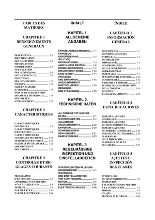 INHALT
KAPITEL 1
ALLGEMEINE
ANGABEN
FAHRZEUGBESCHREIBUNG... 1-1
FAHRZEUG-
IDENTIFIZIERUNG..................... 1-2
WICHTIGE
INFORMATIONEN ..................... 1-3
ANSCHLÜSSE PRÜFEN ........... 1-6
SPEZIALWERKZEUGE ............. 1-7
STEUERFUNKTIONEN............ 1-10
KRAFTSTOFF.......................... 1-14
ANLASSEN
UND EINFAHREN.................... 1-15
ANZUGSMOMENTE
KONTROLLIEREN................... 1-19
REINIGUNG
UND STILLEGUNG.................. 1-20
KAPITEL 2
TECHNISCHE DATEN
ALLGEMEINE TECHNISCHE
DATEN ....................................... 2-1
WARTUNGSDATEN .................. 2-4
ALLGEMEINE
ANZUGSMOMENTE ................ 2-20
EINHEITEN............................... 2-20
SCHMIERSYSTEM-
SCHAUBILDER........................ 2-21
KABELFÜHRUNG ................... 2-23
KAPITEL 3
REGELMÄSSIGE
INSPEKTION UND
EINSTELLARBEITEN
WARTUNGSINTERVALLE UND
SCHMIERDIENST...................... 3-1
WARTUNGS-
UND EINSTELLARBEITEN
VOR FAHRTBEGINN................. 3-4
MOTOR ...................................... 3-5
FAHRWERK............................. 3-26
ELEKTRISCHE ANLAGE ........ 3-48
TABLES DES
MATIERES
CHAPITRE 1
RENSEIGNEMENTS
GENERAUX
DESCRIPTION .............................. 1-1
IDENTIFICATION
DE LA MACHINE ......................... 1-2
INFORMATIONS
IMPORTANTES ............................ 1-3
VERIFICATION
DES CONNEXIONS ...................... 1-6
OUTILS SPECIAUX...................... 1-7
FONCTIONS
DES COMMANDES .................... 1-10
ESSENCE...................................... 1-14
MISE EN MARCHE
ET RODAGE ................................ 1-15
POINTS DE VERIFICATION
DE COUPLE DE SERRAGE ...... 1-19
NETTOYAGE
ET RANGEMENT ....................... 1-20
CHAPITRE 2
CARACTERISTIQUES
CARACTERISTIQUES
GENERALES.................................. 2-1
CARACTERISTIQUES
D’ENTRETIEN .............................. 2-4
CARACTERISTIQUES
GENERALES DE COUPLE ....... 2-20
DEFINITION DES UNITES ....... 2-20
SCHEMAS DE GRAISSAGE ..... 2-21
CHEMINEMENT
DES CABLES ............................... 2-23
CHAPITRE 3
CONTROLES ET RE-
GLAGES COURANTS
PROGRAMME
D’ENTRETIEN .............................. 3-1
CONTROLE ET ENTRETIEN
AVANT UTILISATION ................ 3-4
MOTEUR ........................................ 3-5
PARTIE CYCLE .......................... 3-26
PARTIE ELECTRIQUE ............. 3-48
ÍNDICE
CABÍTULO 1
INFORMACIÓN
GENERAL
DESCRIPCIÓN .............................. 1-1
IDENTIFICACIÓN DEL
VEHÍCULO..................................... 1-2
INFORMACIÓN
IMPORTANTE............................... 1-3
COMPROBACIÓN
DE LAS CONEXIONES ................ 1-6
HERRAMIENTAS
ESPECIALES ................................. 1-7
FUNCIONES DE CONTROL..... 1-10
COMBUSTIBLE........................... 1-14
ARRANQUE Y RODAJE............ 1-15
PUNTOS DE COMPROBACIÓN
DE LA TORSIÓN......................... 1-19
LIMPIEZA
Y ALMACENAMIENTO ............ 1-20
CABÍTULO 2
ESPECIFICACIONES
ESPECIFICACIONES
GENERALES.................................. 2-1
ESPECIFICACIONES
DE MANTENIMIENTO................ 2-4
ESPECIFICACIONES
DE APRIETE GENERALES ...... 2-20
DEFINICIÓN DE UNIDADES ... 2-20
DIAGRAMAS
DE LUBRICACIÓN..................... 2-21
DIAGRAMA DE RUTA
DE CABLES.................................. 2-23
CABÍTULO 3
AJUSTES E
INSPECCIÓN
REGULARES
INTERVALOS
DE MANTENIMIENTO................ 3-1
INSPECCIÓN
Y MANTENIMIENTO PREVIOS
A LA CONDUCCIÓN.................... 3-4
MOTOR........................................... 3-5
CHASIS ......................................... 3-26
SISTEMA ELÉCTRICO ............. 3-48
 