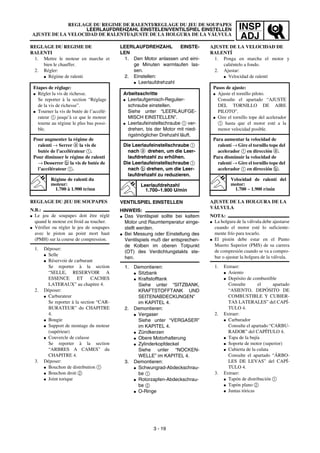 INSP
ADJ
REGLAGE DU REGIME DE RALENTI/REGLAGE DU JEU DE SOUPAPES
LEERLAUFDREHZAHL EINSTELEN/VENTILSPIEL EINSTELLEN
AJUSTE DE LA VELOCIDAD DE RALENTÍ/AJUSTE DE LA HOLGURA DE LA VÁLVULA
LEERLAUFDREHZAHL EINSTE-
LEN
1. Den Motor anlassen und eini-
ge Minuten warmlaufen las-
sen.
2. Einstellen:
G Leerlaufdrehzahl
VENTILSPIEL EINSTELLEN
HINWEIS:
G Das Ventilspiel sollte bei kaltem
Motor und Raumtemperatur einge-
stellt werden.
G Bei Messung oder Einstellung des
Ventilspiels muß der entsprechen-
de Kolben im oberen Totpunkt
(OT) des Verdichtungstakts ste-
hen.
1. Demontieren:
G Sitzbank
G Kraftstofftank
Siehe unter “SITZBANK,
KRAFTSTOFFTANK UND
SEITENABDECKUNGEN”
im KAPITEL 4.
2. Demontieren:
G Vergaser
Siehe unter “VERGASER”
im KAPITEL 4.
G Zündkerzen
G Obere Motorhalterung
G Zylinderkopfdeckel
Siehe unter “NOCKEN-
WELLE” im KAPITEL 4.
3. Demontieren:
G Schwungrad-Abdeckschrau-
be 1
G Rotorzapfen-Abdeckschrau-
be 2
G O-Ringe
Arbeitsschritte
G Leerlaufgemisch-Regulier-
schraube einstellen.
Siehe unter “LEERLAUFGE-
MISCH EINSTELLEN”.
G Leerlaufeinstellschraube 1 ver-
drehen, bis der Motor mit nied-
rigstmöglicher Drehzahl läuft.
Die Leerlaufeinstellschraube 1
nach a drehen, um die Leer-
laufdrehzahl zu erhöhen.
Die Leerlaufeinstellschraube 1
nach b drehen, um die Leer-
laufdrehzahl zu reduzieren.
Leerlaufdrehzahl
1.700–1.900 U/min
REGLAGE DU REGIME DE
RALENTI
1. Mettre le moteur en marche et
bien le chauffer.
2. Régler:
G Régime de ralenti
REGLAGE DU JEU DE SOUPAPES
N.B.:
G Le jeu de soupapes doit être réglé
quand le moteur est froid au toucher.
G Vérifier ou régler le jeu de soupapes
avec le piston au point mort haut
(PMH) sur la course de compression.
1. Déposer:
G Selle
G Réservoir de carburant
Se reporter à la section
“SELLE, RESERVOIR A
ESSENCE ET CACHES
LATERAUX” au chapitre 4.
2. Déposer:
G Carburateur
Se reporter à la section “CAR-
BURATEUR” du CHAPITRE
4.
G Bougie
G Support de montage du moteur
(supérieur)
G Couvercle de culasse
Se reporter à la section
“ARBRES A CAMES” du
CHAPITRE 4.
3. Déposer:
G Bouchon de distribution 1
G Bouchon droit 2
G Joint torique
Etapes de réglage:
G Régler la vis de richesse.
Se reporter à la section “Réglage
de la vis de richesse”.
G Tourner la vis de butée de l’accélé-
rateur 1 jusqu’à ce que le moteur
tourne au régime le plus bas possi-
ble.
Pour augmenter la régime de
ralenti → Serrer a la vis de
butée de l’accélérateur 1.
Pour diminuer le régime de ralenti
→ Desserrer b la vis de butée de
l’accélérateur 1.
Régime de ralenti du
moteur:
1.700 à 1.900 tr/mn
3 - 19
AJUSTE DE LA VELOCIDAD DE
RALENTÍ
1. Ponga en marcha el motor y
caliéntelo a fondo.
2. Ajustar:
G Velocidad de ralentí
AJUSTE DE LA HOLGURA DE LA
VÁLVULA
NOTA:
G La holgura de la válvula debe ajustarse
cuando el motor esté lo suficiente-
mente frío para tocarlo.
G El pistón debe estar en el Punto
Muerto Superior (PMS) de su carrera
de compresión cuando se va a compro-
bar o ajustar la holgura de la válvula.
1. Extraer:
G Asiento
G Depósito de combustible
Consulte el apartado
“ASIENTO, DEPÓSITO DE
COMBUSTIBLE Y CUBIER-
TAS LATERALES” del CAPÍ-
TULO 4.
2. Extraer:
G Carburador
Consulte el apartado “CARBU-
RADOR” del CAPÍTULO 4.
G Tapa de la bujía
G Soporte de motor (superior)
G Cubierta de la culata
Consulte el apartado “ÁRBO-
LES DE LEVAS” del CAPÍ-
TULO 4.
3. Extraer:
G Tapón de distribución 1
G Tapón plano 2
G Juntas tóricas
Pasos de ajuste:
G Ajuste el tornillo piloto.
Consulte el apartado “AJUSTE
DEL TORNILLO DE AIRE
PILOTO”.
G Gire el tornillo tope del acelerador
1 hasta que el motor esté a la
menor velocidad posible.
Para aumentar la velocidad de
ralentí → Gire el tornillo tope del
acelerador 1 en dirección a.
Para disminuir la velocidad de
ralentí → Gire el tornillo tope del
acelerador 1 en dirección b.
Velocidad de ralentí del
motor:
1.700 ~ 1.900 r/min
 