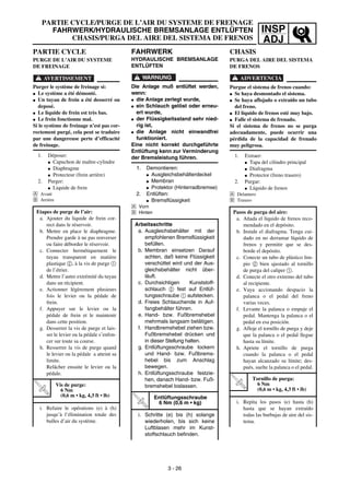 INSP
ADJ
PARTIE CYCLE/PURGE DE L’AIR DU SYSTEME DE FREINAGE
FAHRWERK/HYDRAULISCHE BREMSANLAGE ENTLÜFTEN
CHASIS/PURGA DEL AIRE DEL SISTEMA DE FRENOS
FAHRWERK
HYDRAULISCHE BREMSANLAGE
ENTLÜFTEN
WARNUNG
Die Anlage muß entlüftet werden,
wenn:
G die Anlage zerlegt wurde,
G ein Schlauch gelöst oder erneu-
ert wurde,
G der Flüssigkeitsstand sehr nied-
rig ist,
G die Anlage nicht einwandfrei
funktioniert.
Eine nicht korrekt durchgeführte
Entlüftung kann zur Verminderung
der Bremsleistung führen.
1. Demontieren:
G Ausgleichsbehälterdeckel
G Membran
G Protektor (Hinterradbremse)
2. Entlüften:
G Bremsflüssigkeit
Å Vorn
ı Hinten
Arbeitsschritte
a. Ausgleichsbehälter mit der
empfohlenen Bremsflüssigkeit
befüllen.
b. Membran einsetzen Darauf
achten, daß keine Flüssigkeit
verschüttet wird und der Aus-
gleichsbehälter nicht über-
läuft.
c. Durchsichtigen Kunststoff-
schlauch 2 fest auf Entlüf-
tungsschraube 1 aufstecken.
d. Freies Schlauchende in Auf-
fangbehälter führen.
e. Hand- bzw. Fußbremshebel
mehrmals langsam betätigen.
f. Handbremshebel ziehen bzw.
Fußbremshebel drücken und
in dieser Stellung halten.
g. Entlüftungsschraube lockern
und Hand- bzw. Fußbrems-
hebel bis zum Anschlag
bewegen.
h. Entlüftungsschraube festzie-
hen, danach Hand- bzw. Fuß-
bremshebel loslassen.
T
R
.
.
Entlüftungsschraube
6 Nm (0,6 m • kg)
i. Schritte (e) bis (h) solange
wiederholen, bis sich keine
Luftblasen mehr im Kunst-
stoffschlauch befinden.
PARTIE CYCLE
PURGE DE L’AIR DU SYSTEME
DE FREINAGE
AVERTISSEMENT
Purger le système de freinage si:
G Le système a été démonté.
G Un tuyan de frein a été desserré ou
deposé.
G Le liquide de frein est très bas.
G Le frein fonctionne mal.
Si le système de freinage n’est pas cor-
rectement purgé, cela peut se traduire
par une dangereuse perte d’efficacité
de freinage.
1. Déposer:
G Capuchon de maître-cylindre
G Diaphragme
G Protecteur (frein arrière)
2. Purger:
G Liquide de frein
Å Avant
ı Arrière
Etapes de purge de l’air:
a. Ajouter du liquide de frein cor-
rect dans le réservoir.
b. Mettre en place le diaphragme.
Prendre garde à ne pas renverser
ou faire déborder le réservoir.
c. Connecter hermétiquement le
tuyau transparent en matière
plastique 2, à la vis de purge 1
de l’étrier.
d. Mettre l’autre extrémité du tuyau
dans un récipient.
e. Actionner légèrement plusieurs
fois le levier ou la pédale de
frein.
f. Appuyer sur le levier ou la
pédale de frein et le maintenir
dans cette position.
g. Desserrer la vis de purge et lais-
ser le levier ou la pédale s’enfon-
cer sur toute sa course.
h. Resserrer la vis de purge quand
le levier ou la pédale a atteint sa
limite.
Relâcher ensuite le levier ou la
pédale.
T
R
.
.
Vis de purge:
6 Nm
(0,6 m • kg, 4,3 ft • lb)
i. Refaire le opérations (e) à (h)
jusqu’à l’élimination totale des
bulles d’air du système.
3 - 26
CHASIS
PURGA DEL AIRE DEL SISTEMA
DE FRENOS
ADVERTENCIA
Purgue el sistema de frenos cuando:
G Se haya desmontado el sistema.
G Se haya aflojado o extraído un tubo
del freno.
G El líquido de frenos esté muy bajo.
G Falle el sistema de frenado.
Si el sistema de frenos no se purga
adecuadamente, puede ocurrir una
pérdida de la capacidad de frenado
muy peligrosa.
1. Extraer:
G Tapa del cilindro principal
G Diafragma
G Protector (freno trasero)
2. Purgar:
G Líquido de frenos
Å Delantero
ı Trasero
Pasos de purga del aire:
a. Añada el líquido de frenos reco-
mendado en el depósito.
b. Instale el diafragma. Tenga cui-
dado en no derramar líquido de
frenos y permitir que se des-
borde el depósito.
c. Conecte un tubo de plástico lim-
pio 2 bien ajustado al tornillo
de purga del caliper 1.
d. Conecte el otro extremo del tubo
al recipiente.
e. Vaya accionando despacio la
palanca o el pedal del freno
varias veces.
f. Levante la palanca o empuje el
pedal. Mantenga la palanca o el
pedal en esa posición.
g. Afloje el tornillo de purga y deje
que la palanca o el pedal llegue
hasta su límite.
h. Apriete el tornillo de purga
cuando la palanca o el pedal
hayan alcanzado su límite; des-
pués, suelte la palanca o el pedal.
T
R
.
.
Tornillo de purga:
6 Nm
(0,6 m • kg, 4,3 ft • lb)
i. Repita los pasos (e) hasta (h)
hasta que se hayan extraído
todas las burbujas de aire del sis-
tema.
 