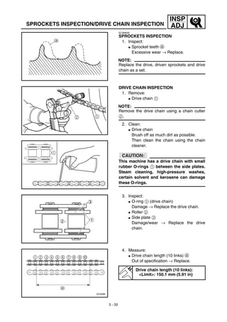 3 - 33
INSP
ADJSPROCKETS INSPECTION/DRIVE CHAIN INSPECTION
EC368000
SPROCKETS INSPECTION
1. Inspect:
G Sprocket teeth a
Excessive wear → Replace.
NOTE:
Replace the drive, driven sprockets and drive
chain as a set.
DRIVE CHAIN INSPECTION
1. Remove:
G Drive chain 1
NOTE:
Remove the drive chain using a chain cutter
2.
2. Clean:
G Drive chain
Brush off as much dirt as possible.
Then clean the chain using the chain
cleaner.
CAUTION:
This machine has a drive chain with small
rubber O-rings 1 between the side plates.
Steam cleaning, high-pressure washes,
certain solvent and kerosene can damage
these O-rings.
1
3. Inspect:
G O-ring 1 (drive chain)
Damage → Replace the drive chain.
G Roller 2
G Side plate 3
Damage/wear → Replace the drive
chain.
4. Measure:
G Drive chain length (10 links) a
Out of specification → Replace.
Drive chain length (10 links):
<Limit>: 150.1 mm (5.91 in)
 