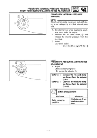3 - 37
INSP
ADJ
FRONT FORK INTERNAL PRESSURE RELIEVING/
FRONT FORK REBOUND DAMPING FORCE ADJUSTMENT
FRONT FORK INTERNAL PRESSURE
RELIEVING
NOTE:
If the front fork initial movement feels stiff dur-
ing a run, relieve the front fork internal pres-
sure.
1. Elevate the front wheel by placing a suit-
able stand under the engine.
2. Remove the air bleed screw 1 and
release the internal pressure from the
front fork.
3. Install:
G Air bleed screw
T
R.
.
1 Nm (0.1 m · kg, 0.7 ft · lb)
EC36H002
FRONT FORK REBOUND DAMPING FORCE
ADJUSTMENT
1. Adjust:
G Rebound damping force
By turning the adjuster 1.
Stiffer a → Increase the rebound damp-
ing force. (Turn the adjuster
1 in.)
Softer b → Decrease the rebound damp-
ing force. (Turn the adjuster
1 out.)
Extent of adjustment:
Maximum Minimum
Fully turned in
position
20 clicks out (from
maximum posi-
tion)
 