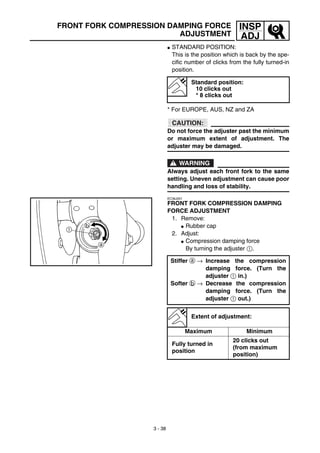 3 - 38
INSP
ADJ
FRONT FORK COMPRESSION DAMPING FORCE
ADJUSTMENT
G STANDARD POSITION:
This is the position which is back by the spe-
cific number of clicks from the fully turned-in
position.
* For EUROPE, AUS, NZ and ZA
CAUTION:
Do not force the adjuster past the minimum
or maximum extent of adjustment. The
adjuster may be damaged.
WARNING
Always adjust each front fork to the same
setting. Uneven adjustment can cause poor
handling and loss of stability.
Standard position:
10 clicks out
* 8 clicks out
EC36J001
FRONT FORK COMPRESSION DAMPING
FORCE ADJUSTMENT
1. Remove:
G Rubber cap
2. Adjust:
G Compression damping force
By turning the adjuster 1.
Stiffer a → Increase the compression
damping force. (Turn the
adjuster 1 in.)
Softer b → Decrease the compression
damping force. (Turn the
adjuster 1 out.)
Extent of adjustment:
Maximum Minimum
Fully turned in
position
20 clicks out
(from maximum
position)
 
