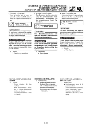 INSP
ADJ
CONTROLE DE L’AMORTISSEUR ARRIERE
FEDERBEIN KONTROLLIEREN
INSPECCIÓN DEL AMORTIGUADOR TRASERO
G NORMALEINSTELLUNG
Zum Erreichen der Normaleinstel-
lung die Einstellschraube nach
vollständigem Hineindrehen um
die vorgeschriebene Anzahl Ra-
sten lösen.
ACHTUNG:
Den Einstellmechanismus nie
über die Minimal- oder Maximal-
einstellung hinausdrehen.
WARNUNG
Beide Gabelholme stets gleichmä-
ßig einstellen. Eine ungleichmäßi-
ge Einstellung beeinträchtigt das
Fahrverhalten.
3. Montieren:
G Gummikappe
Normaleinstellung
13 Rasten gelöst
FEDERBEIN KONTROLLIEREN
1. Kontrollieren:
G Schwinge (Beweglichkeit)
Geräusch/Schwergängig-
keit → Drehpunkte schmie-
ren oder instand setzen.
Beschädigung/Undichtigkeit
→ Erneuern.
G POSITION STANDARD:
C’est la position qui se trouve en
arrière du nombre spécifié de déclics à
partir de la position entièrement vis-
sée.
ATTENTION:
Ne pas forcer le dispositif de réglage
au-delà du minimum ou du maximum
au risque de l’endommager.
AVERTISSEMENT
Toujours régler à la même position les
dispositifs de chaque bras de fourche
avant. Un réglage inégal peut entraî-
ner une mauvaise maniabilité et une
perte de stabilité.
3. Monter:
G Capuchon en caoutchouc
Position standard:
Dévisser de 13 déclics
CONTROLE DE L’AMORTISSEUR
ARRIERE
1. Vérifier:
G Action régulière du bras
oscillant
Bruit anormal/action irrégu-
lière → Graisser les points de
pivot ou les réparer.
Endommagement/fuites d’huile
→ Changer.
3 - 39
G POSICIÓN ESTÁNDAR:
Esta es la posición a la que vuelve por
el número de clics especificado desde
la posición totalmente girada.
ATENCION:
No fuerce el regulador más allá de la
extensión de ajuste mínima o máxima.
Puede dañar el regulador.
ADVERTENCIA
Ajuste siempre cada horquilla delan-
tera en el mismo punto. Un ajuste des-
igual puede provocar un manejo
inadecuado y pérdida de estabilidad.
3. Instalar:
G Tapa de goma
Posición estándar:
13 giros
INSPECCIÓN DEL AMORTIGUA-
DOR TRASERO
1. Inspeccionar:
G Funcionamiento suave de la
palanca oscilante
Ruido anormal/funcionamiento
brusco → Engrasar o reparar
los puntos de articulación.
Daños/fugas de aceite → Reem-
plazar.
 