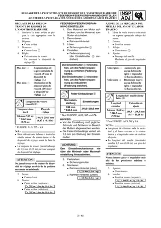 INSP
ADJ
REGLAGE DE LA PRECONTRAINTE DE RESSORT DE L’AMORTISSEUR ARRIERE
FEDERBEIN-FEDERVORSPANNUNG EINSTELLEN
AJUSTE DE LA PRECARGA DEL MUELLE DEL AMORTIGUADOR TRASERO
FEDERBEIN-FEDERVORSPAN-
NUNG EINSTELLEN
1. Das Motorrad am Motor auf-
bocken, um das Hinterrad vom
Boden abzuheben.
2. Demontieren:
G Rahmen-Hinterteil
3. Lösen:
G Sicherungsmutter 1
4. Einstellen:
G Federvorspannung
(die Einstellmutter 2 ver-
drehen)
* Nur EUROPE, AUS, NZ und ZA
HINWEIS:
G Vor der Einstellung muß jeglicher
Schmutz und Schlamm im Bereich
der Muttern abgewaschen werden.
G Die Feder-Einbaulänge variiert um
1,5 mm pro Drehung der Einstell-
mutter.
ACHTUNG:
Den Einstellmechanismus nie
über die Minimal- oder Maximal-
einstellung hinausdrehen.
5. Festziehen:
G Sicherungsmutter
6. Montieren:
G Rahmen-Hinterteil (oben)
G Rahmen-Hinterteil (unten)
Die Einstellmutter 2 hineindre-
hen, um die Federvorspan-
nung zu erhöhen (Federung
härter).
Die Einstellmutter 2 hineindre-
hen, um die Federvorspan-
nung zu reduzieren
(Federung weicher).
Feder-Einbaulänge a
Normalein-
stellung
Einstellungen
246 mm
* 246,5 mm
240,5–258,5 mm
T
R
.
.
32 Nm (3,2 m · kg)
T
R
.
.
29 Nm (2,9 m · kg)
REGLAGE DE LA PRECON-
TRAINTE DE RESSORT DE
L’AMORTISSEUR ARRIERE
1. Surélever la roue arrière en pla-
çant la cale appropriée sons le
moteur.
2. Déposer:
G Cadre arrière
3. Desserrer:
G Contre-écrou 1
4. Régler:
G Précontrainte de ressort
En tournant le dispositif de
réglage 2.
* EUROPE, AUS, NZ et ZA
N.B.:
G Bien enlever toute la boue et toutes les
saletés autour du contre-écrou et du
dispositif de réglage avant de faire le
réglage.
G La longueur du ressort (monté) change
de 1,5 mm (0,06 in) par tour complet
du dispositif de réglage.
ATTENTION:
Ne jamais essayer de tourner le dispo-
sitif de réglage au-delà de la position
maximale ou minimale.
5. Serrer:
G Contre-écrou
6. Monter:
G Cadre arrière (supérieur)
G Cadre arrière (inférieur)
Plus dur → Augmentation de
la précontrainte de
ressort. (Visser le
dispositif de
réglage 2.)
Plus mou → Diminution de la
précontrainte de
ressort. (Dévisser
le dispositif de
réglage 2.)
Longueur de ressort
(monté) a:
Longueur stan-
dard
Plage de
réglage
246 mm (9,69 in)
* 246,5 mm
(9,70 in)
240,5 à 258,5 mm
(9,47 à 10,18 in)
T
R
.
.
32 Nm (3,2 m · kg, 23 ft · lb)
T
R
.
.
29 Nm (2,9 m · kg, 21 ft · lb)
3 - 40
AJUSTE DE LA PRECARGA DEL
MUELLE DEL AMORTIGUADOR
TRASERO
1. Eleve la rueda trasera colocando
un soporte apropiado debajo del
motor.
2. Extraer:
G Bastidor trasero
3. Aflojar:
G Contratuerca 1
4. Ajustar:
G Precarga del muelle
Mediante el giro del regulador
2.
* Para EUROPE, AUS, NZ y ZA
NOTA:
G Asegúrese de eliminar toda la sucie-
dad y el barro cercano a la contra-
tuerca y al regulador antes de realizar
el ajuste.
G La longitud del muelle (instalado)
cambia 1,5 mm (0,06 in) por giro del
regulador.
ATENCION:
Nunca intente girar el regulador más
allá de las posiciones máxima o
mínima.
5. Apretar:
G Contratuerca
6. Instalar:
G Bastidor trasero (superior)
G Bastidor trasero (inferior)
Más rígido → Aumenta la pre-
carga del muelle
(gire el regulador
2 hacia adentro).
Más suave → Disminuye la pre-
carga del muelle
(gire el regulador
2 hacia afuera).
Longitud del muelle (insta-
lado) a:
Longitud
estándar
Extensión de
ajuste
246 mm (9,69 in)
* 246,5 mm
(9,70 in)
240,5 ~ 258,5 mm
(9,47 ~ 10,18 in)
T
R
.
.
32 Nm (3,2 m · kg, 23 ft · lb)
T
R
.
.
29 Nm (2,9 m · kg, 21 ft · lb)
 